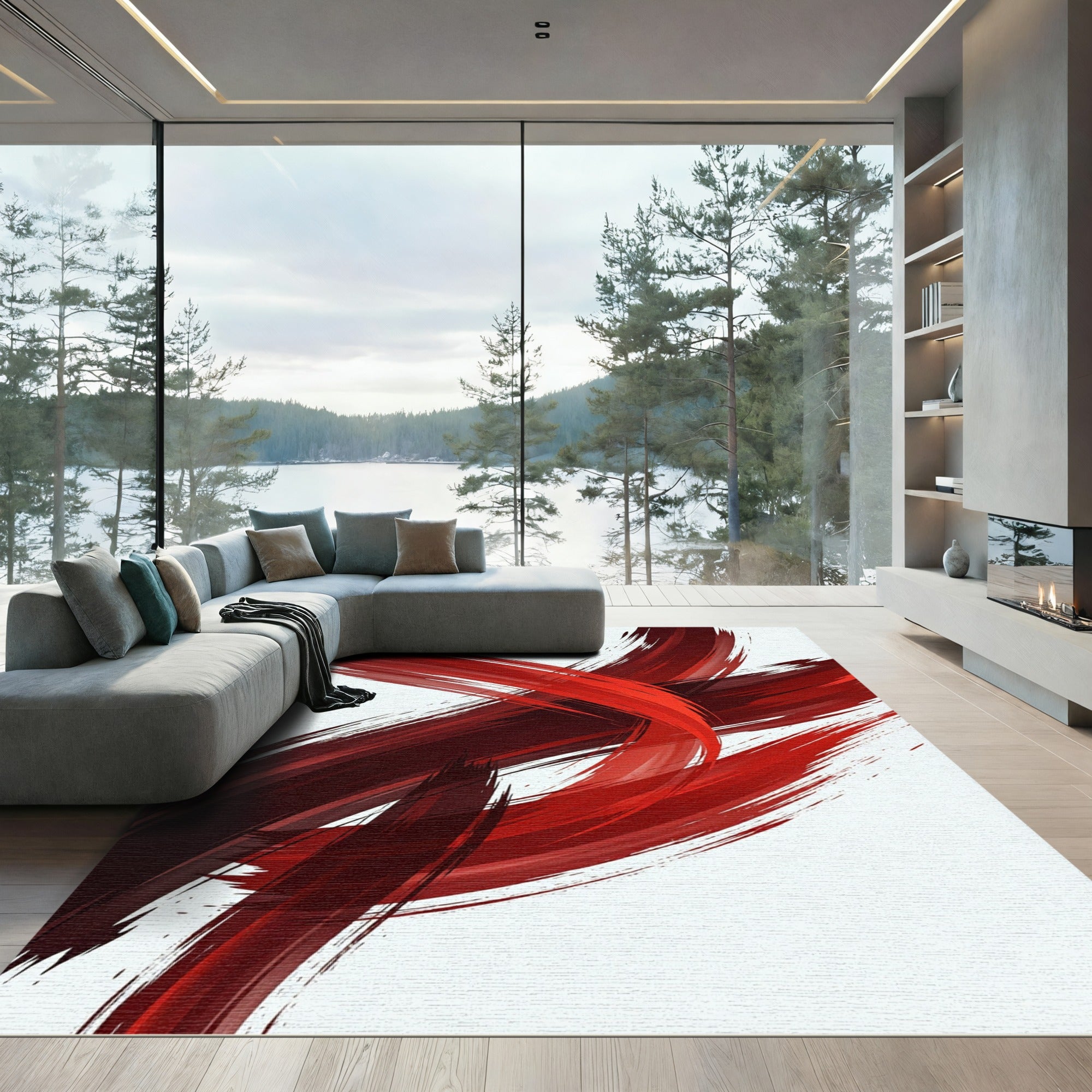 Bold Crimson Abstract Fluid Strokes Rug