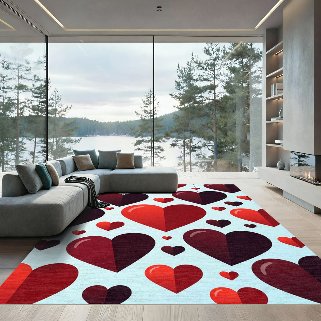 Modern Floating Crimson Hearts Illustration Rug