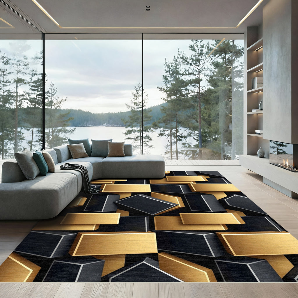 Gold Black Geometric Block Render Rug