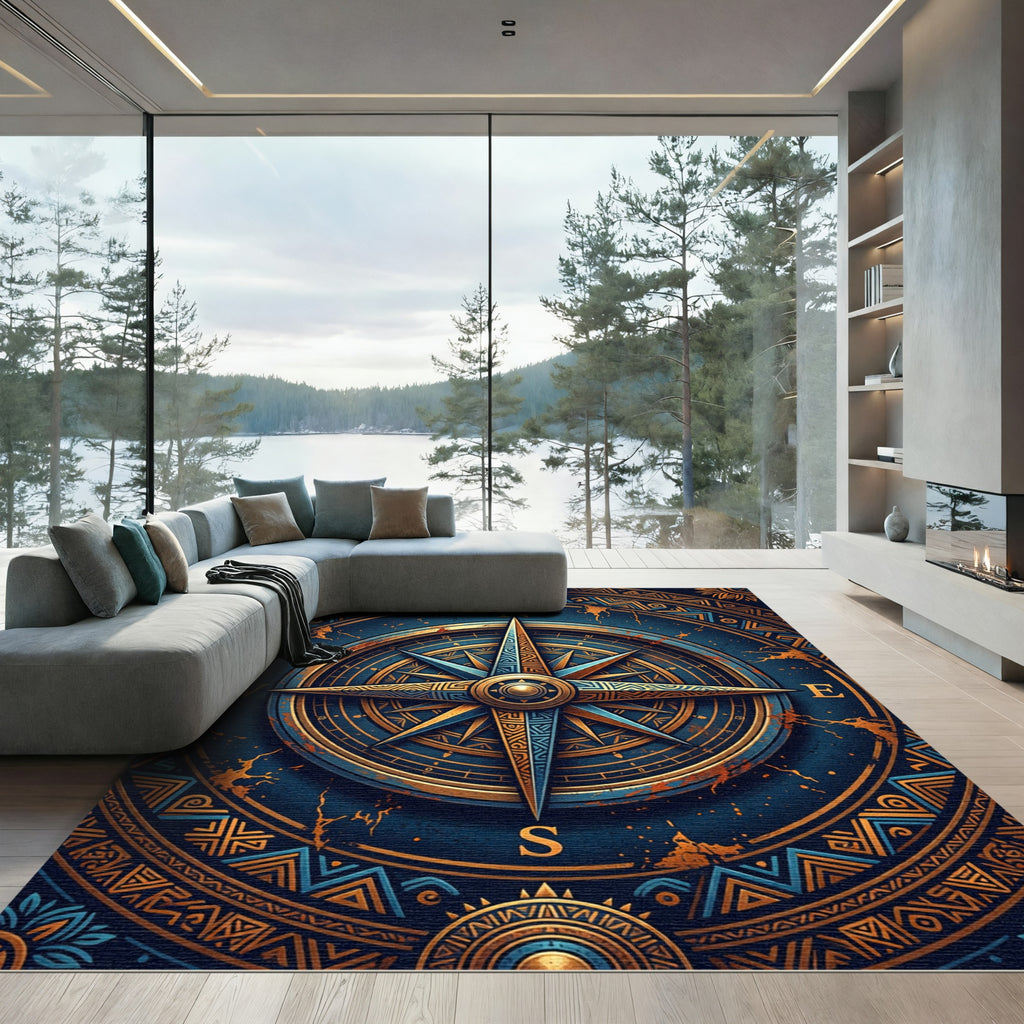 Golden Compass Nautical Blue Medallion Rug