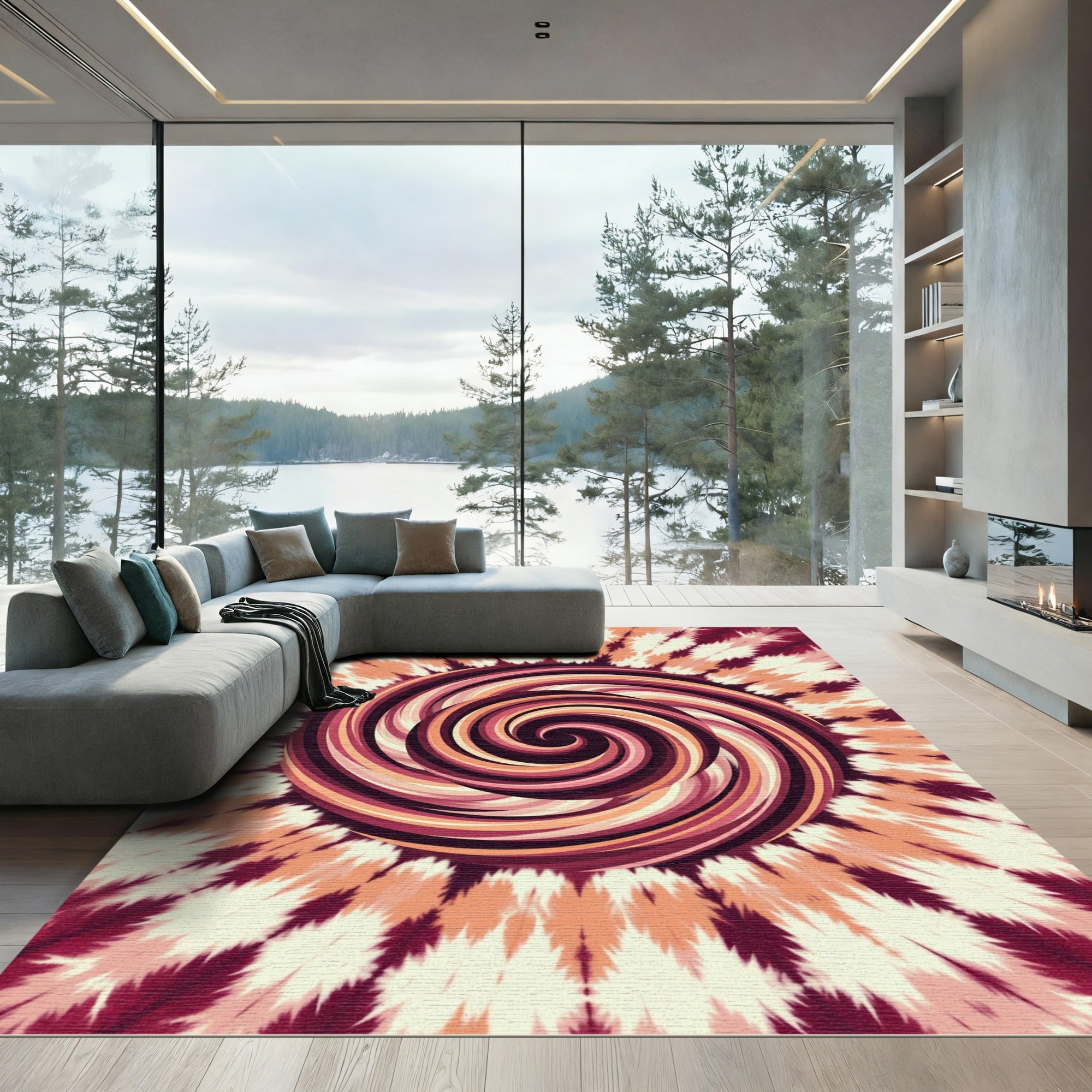 Swirling Burgundy Orange Abstract Spiral Rug