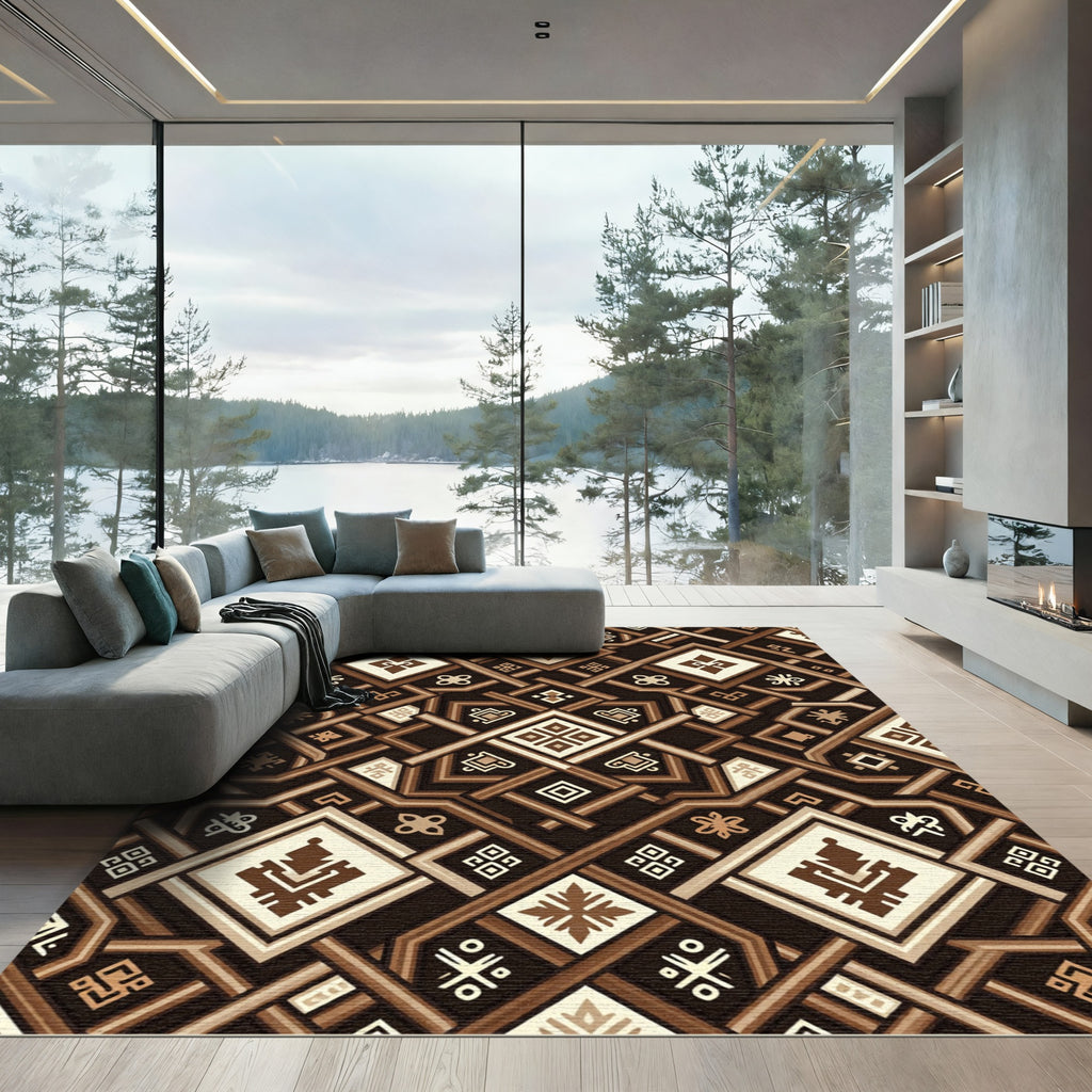 Rich Brown Geometric Interlocking Lattice Rug