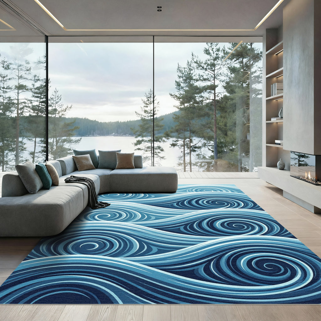 Oceanic Blue Abstract Swirling Waves Rug