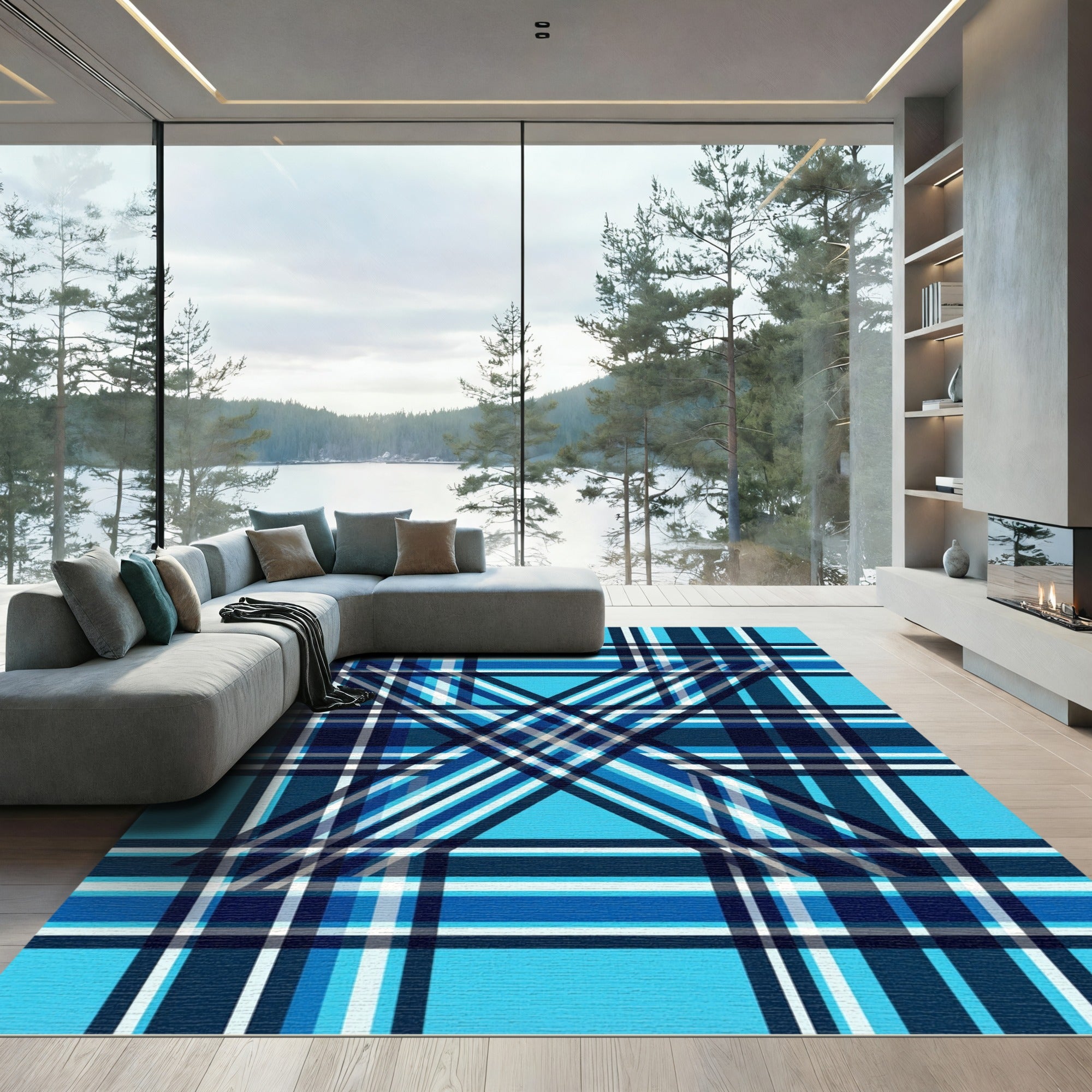 Bold Blue Intersecting Plaid Rug