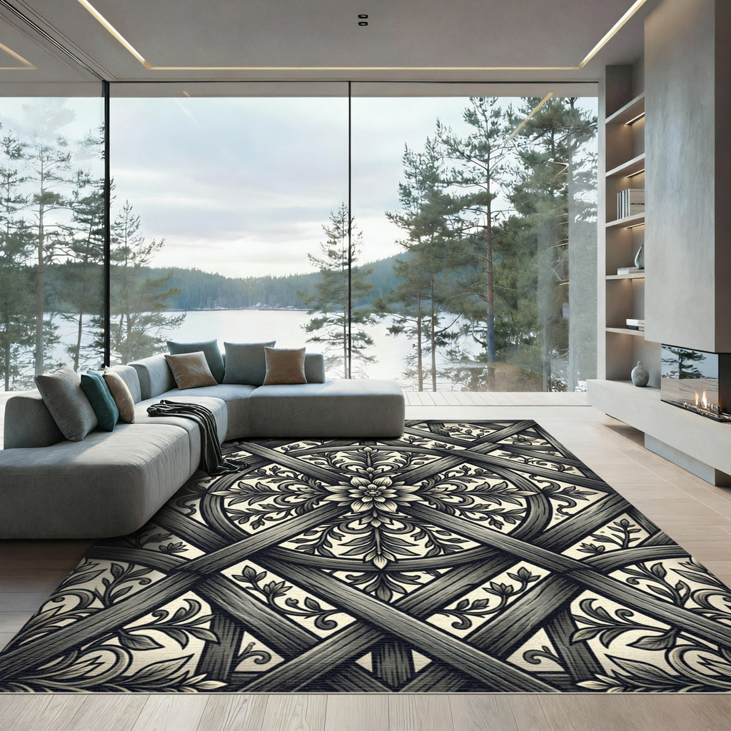 Ornate Wood Lattice Floral Medallion Rug