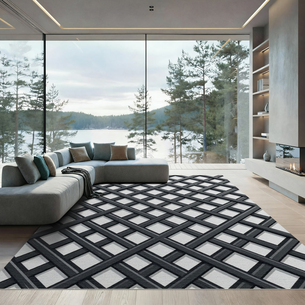 Modern Charcoal Black Geometric Lattice Rug