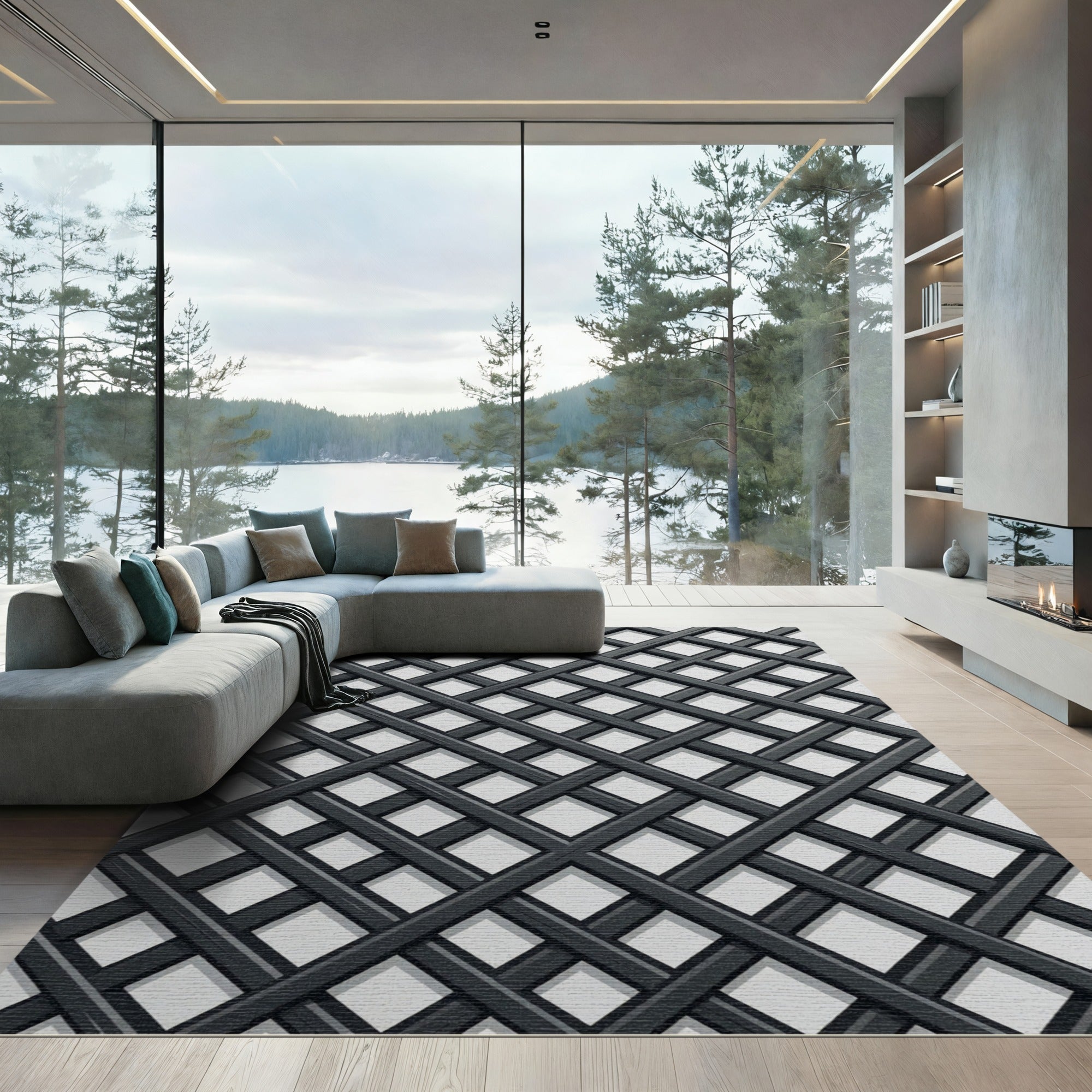 Modern Charcoal Black Geometric Lattice Rug