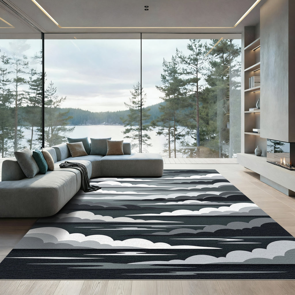 Monochrome Layered Cloudscape Abstract Art Rug