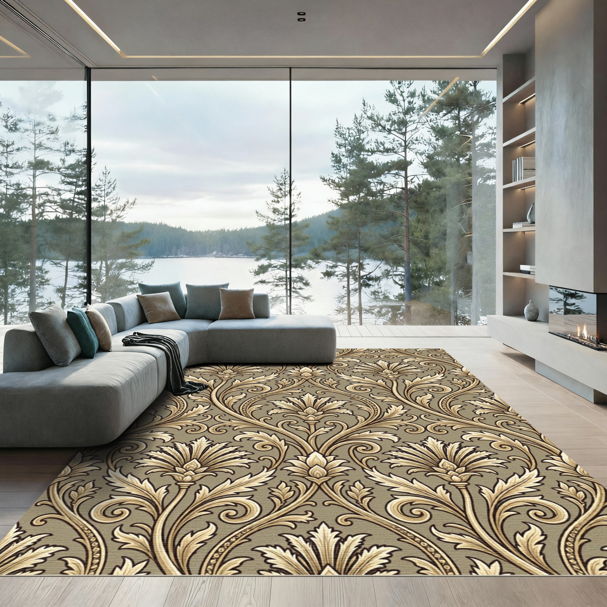Golden Beige Acanthus Scrollwork Rug