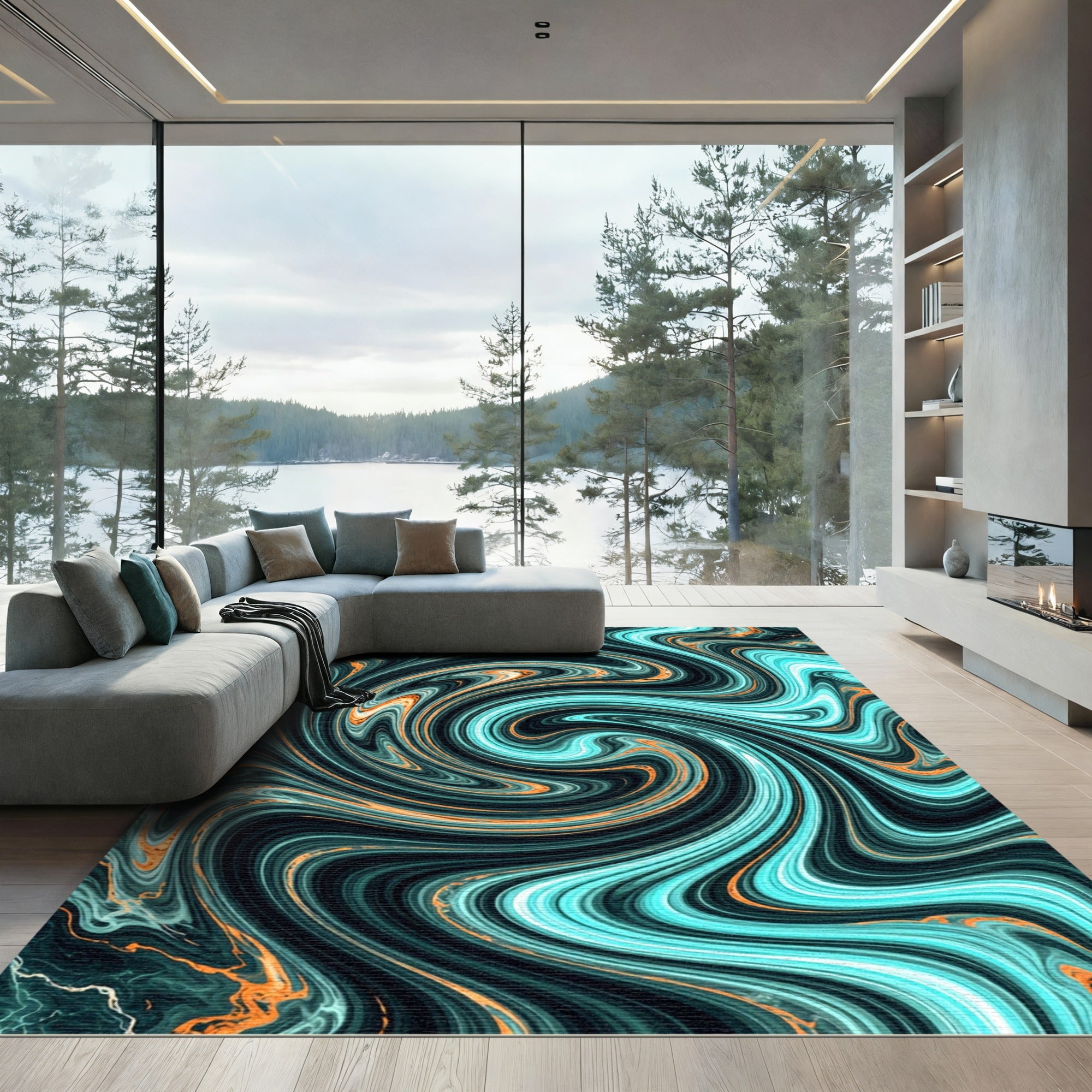 Teal and Copper Marble Swirl Rug