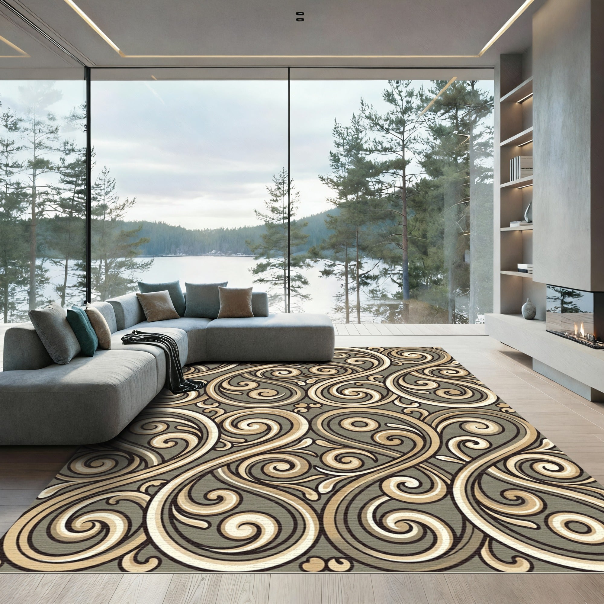Elegant Beige and Olive Swirl Scroll Rug