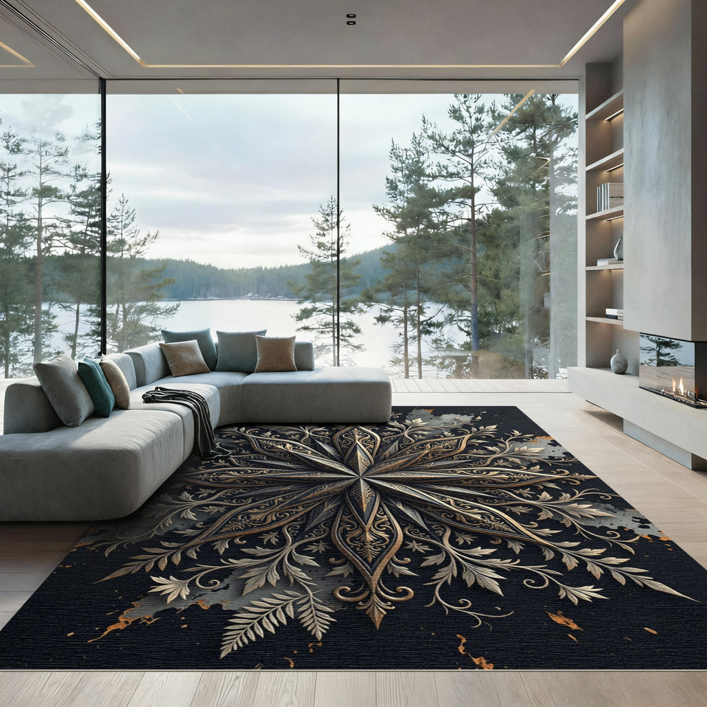Ornate Gold Filigree Starburst Medallion Rug