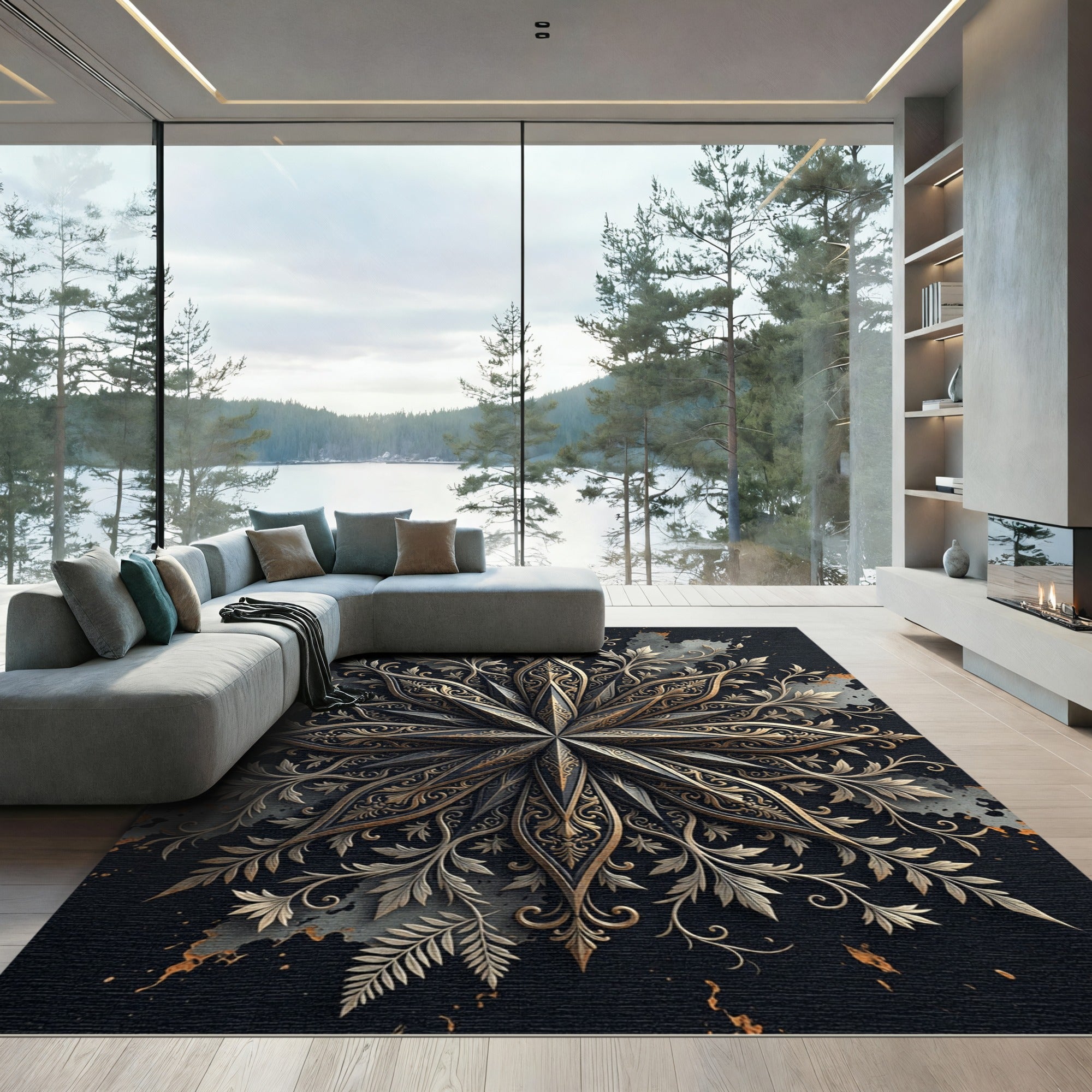 Ornate Gold Filigree Starburst Medallion Rug