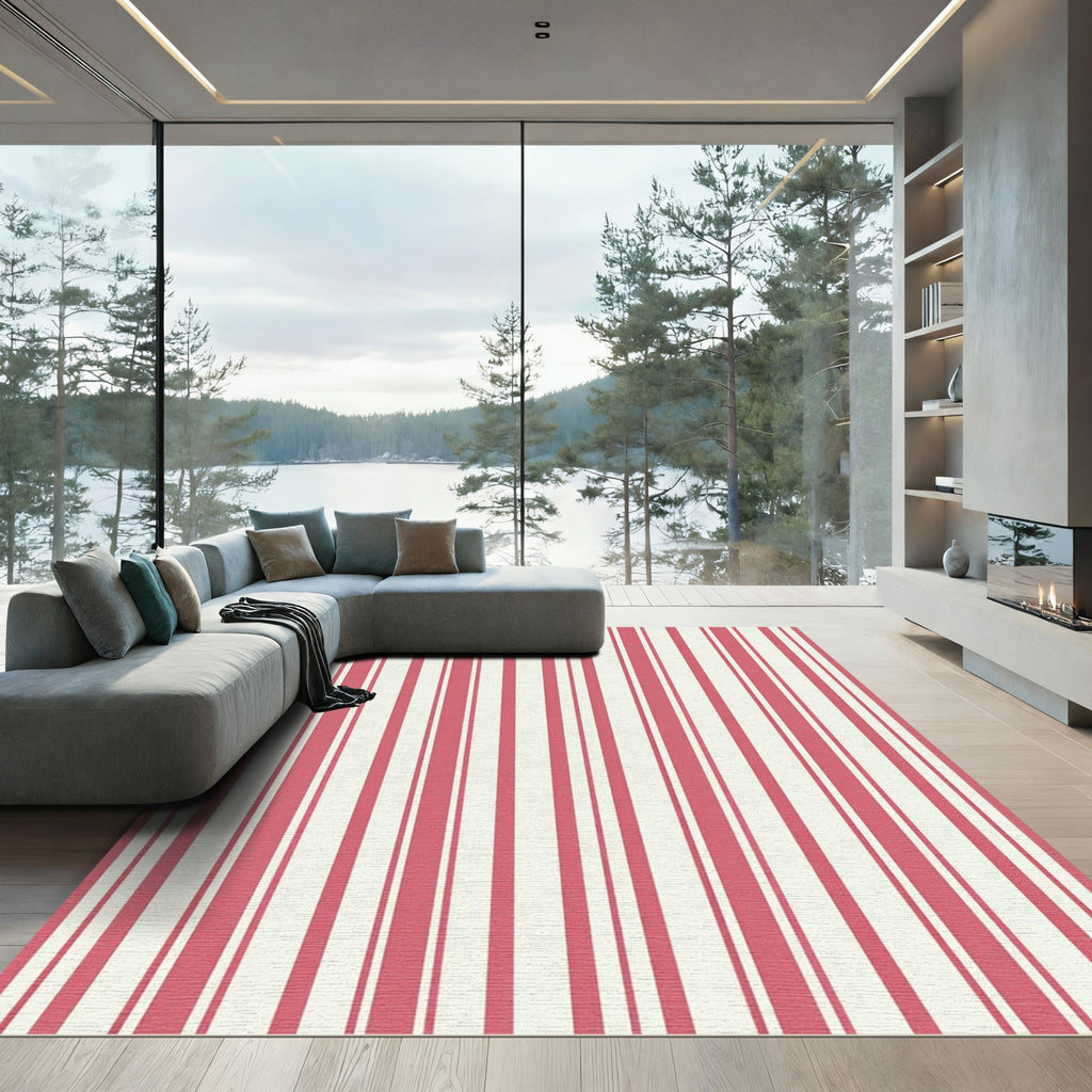 Classic Crimson and Cream Vertical Stripe Rug