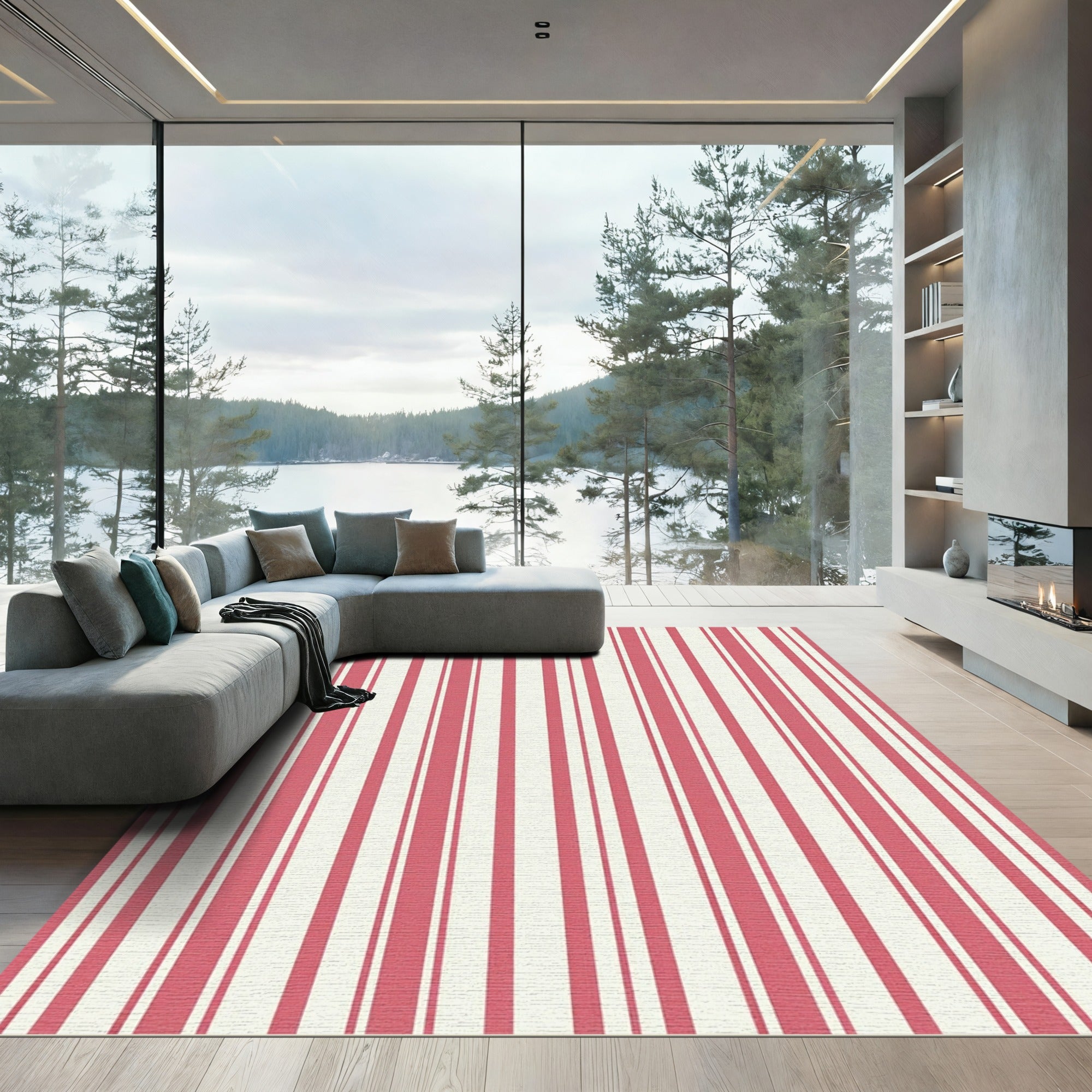 Classic Crimson and Cream Vertical Stripe Rug