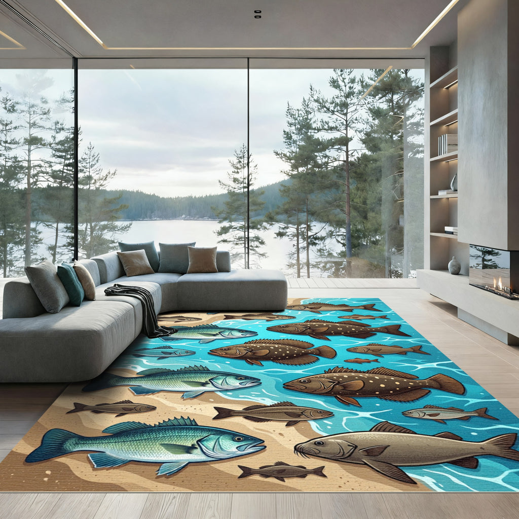 Coastal Blue and Brown Fish Shoreline Rug