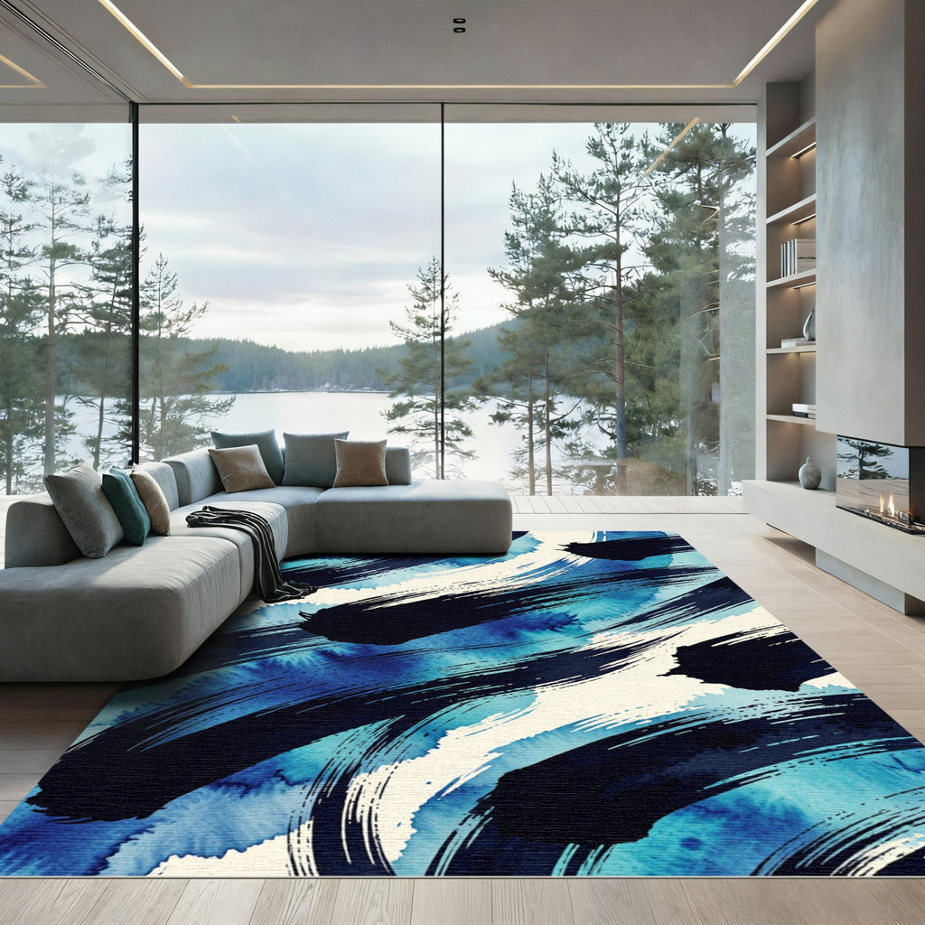 Abstract Navy Blue Watercolor Brushstroke Sweep Rug