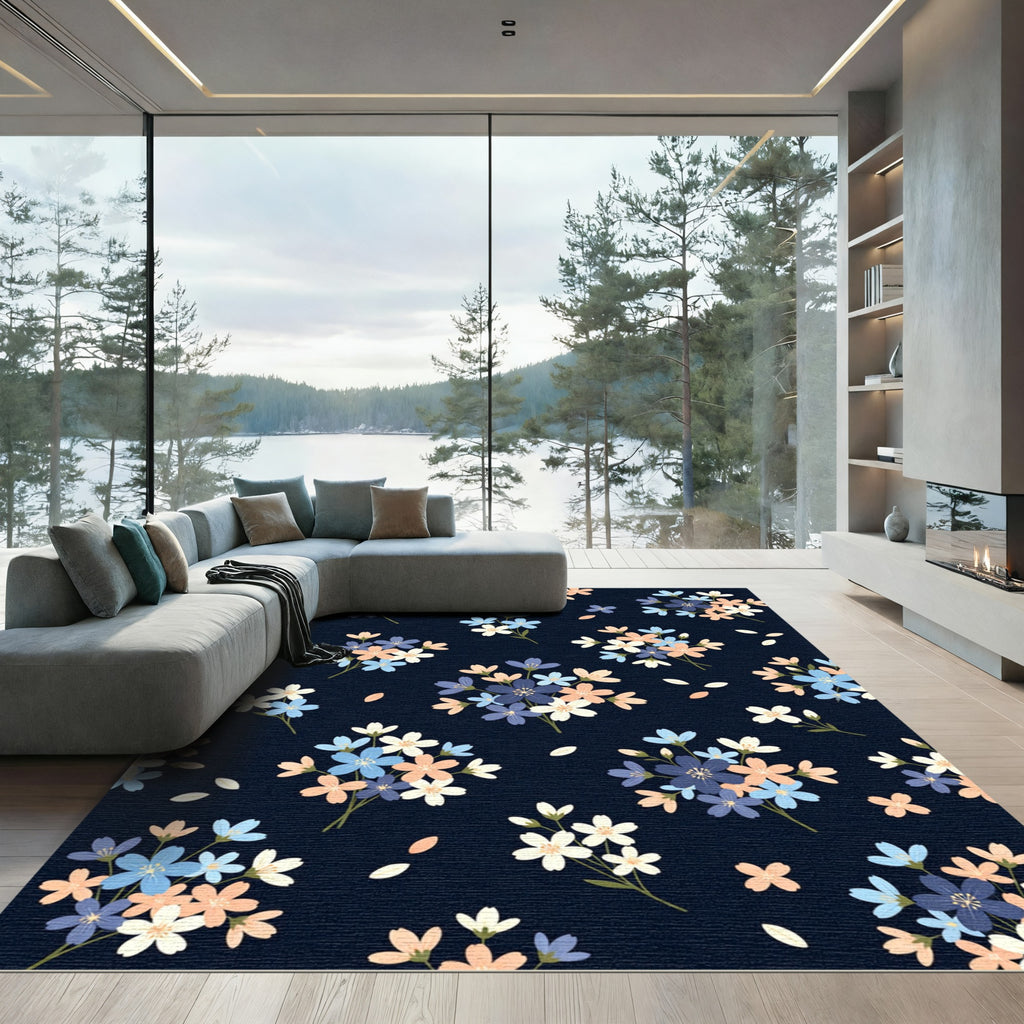 Navy Blue Floral Blossom Cluster Rug