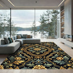 Gilded Black Floral Damask Scrollwork Rug