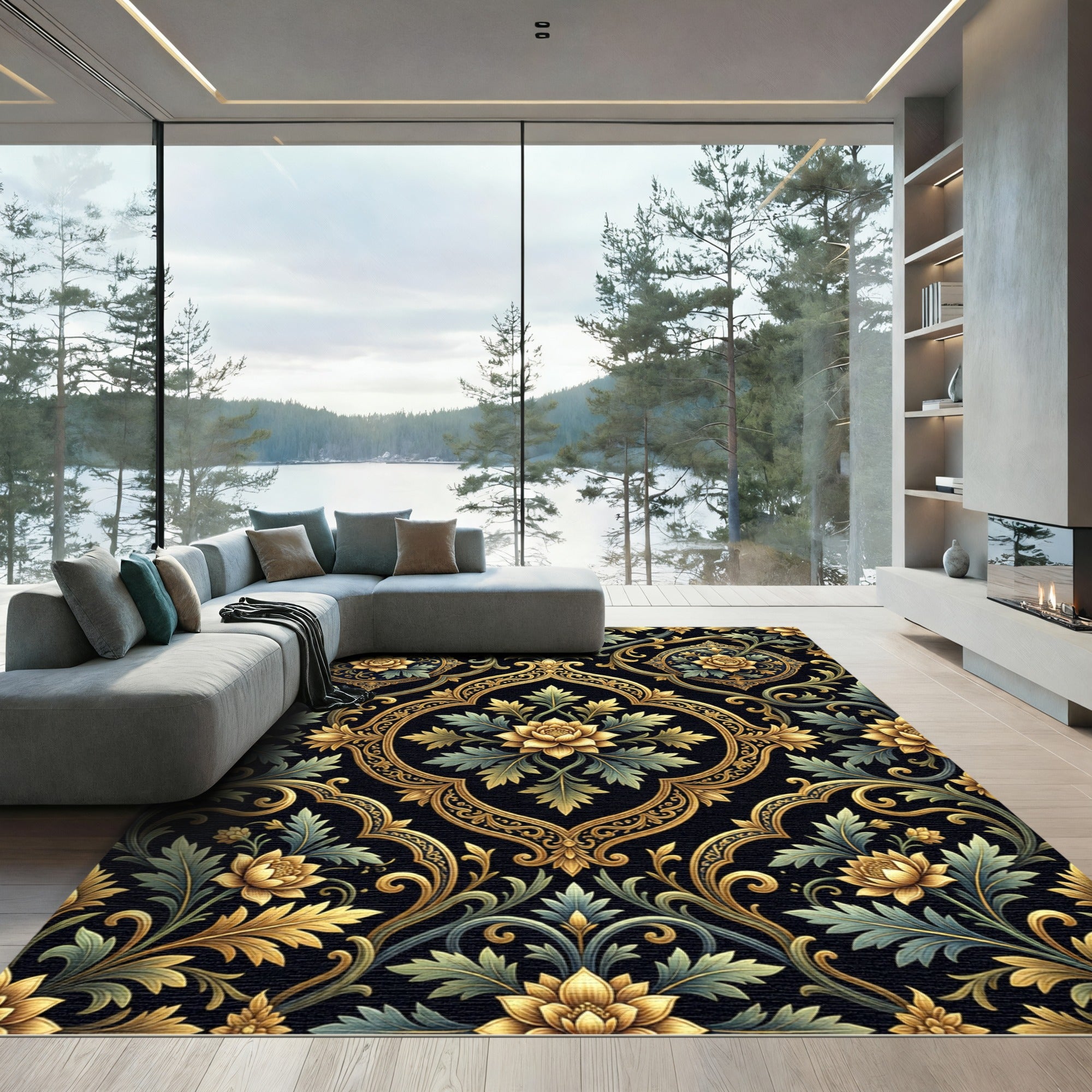 Gilded Black Floral Damask Scrollwork Rug