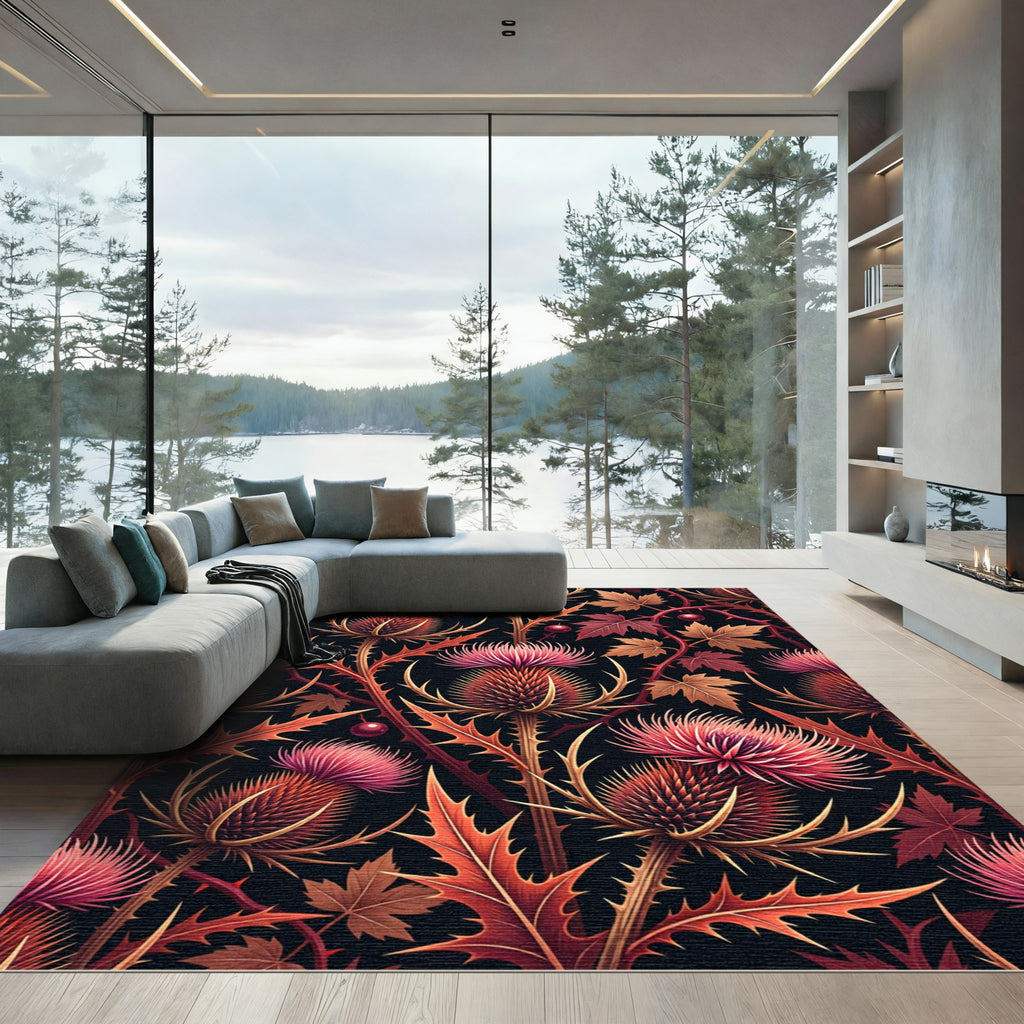 Autumn Thistle Floral Dark Botanical Rug