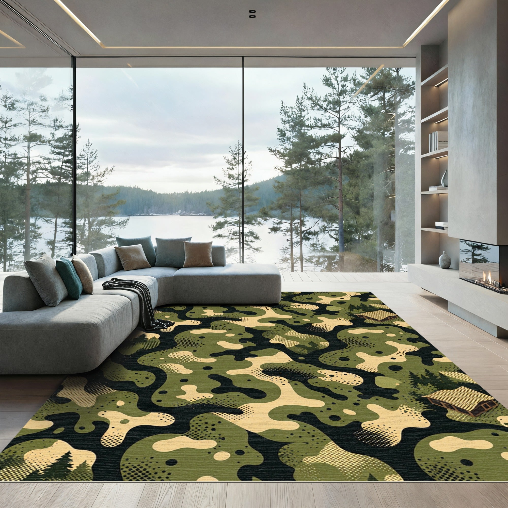Modern Woodland Camouflage Cabin Texture Rug