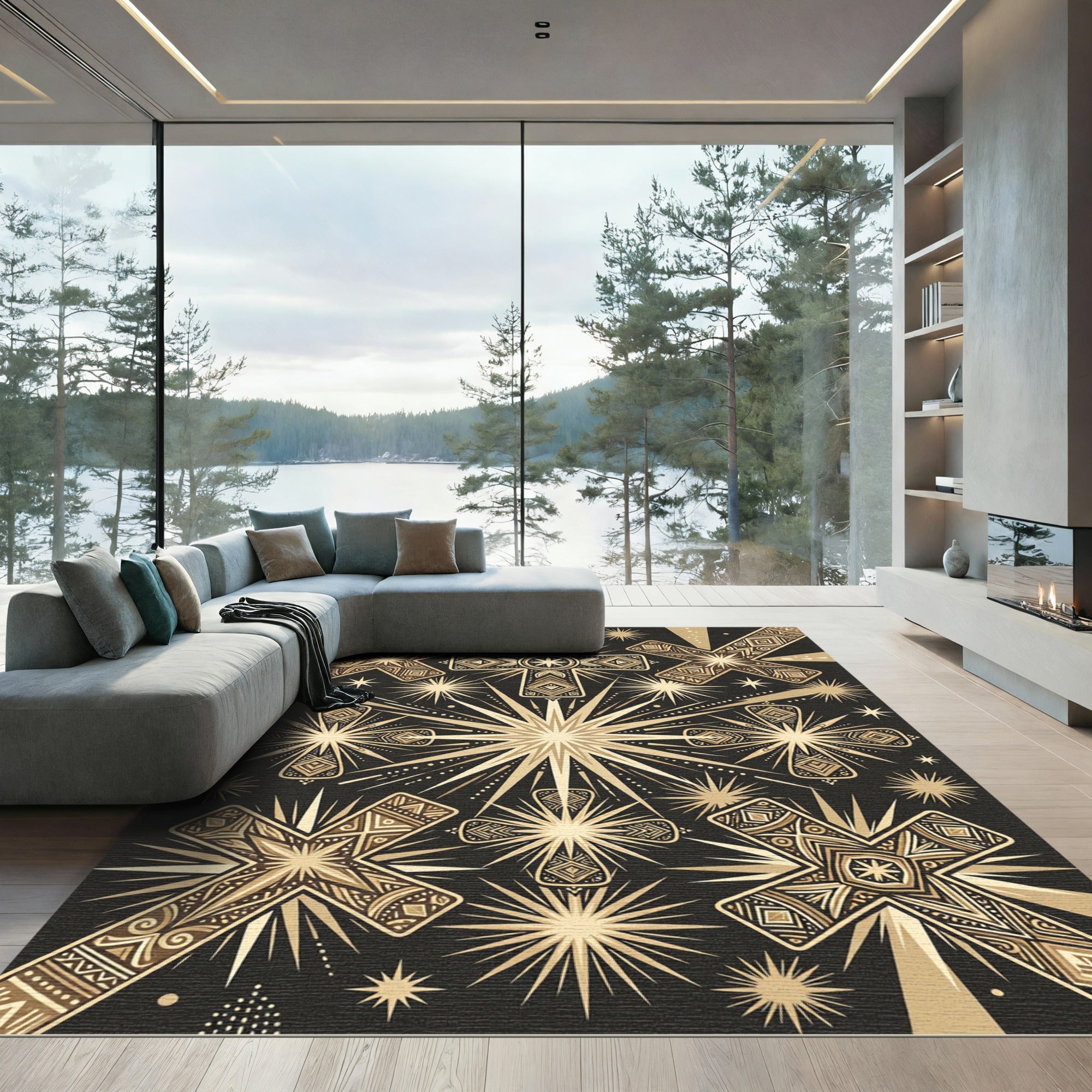Golden Cross Starburst Mandala Rug
