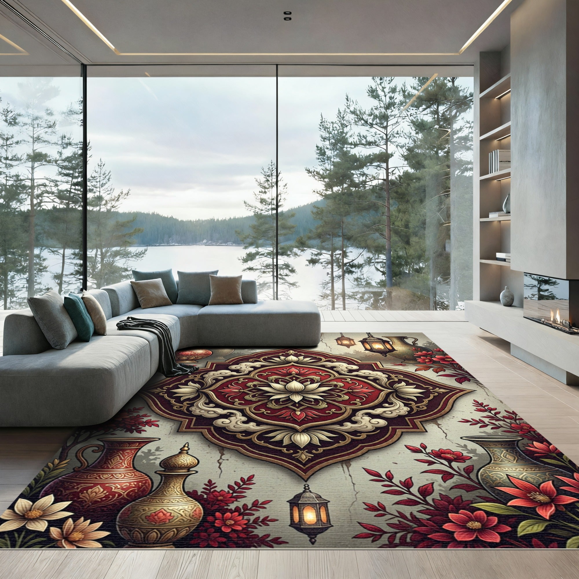 Luxurious Crimson Lotus Ornamental Medallion Rug