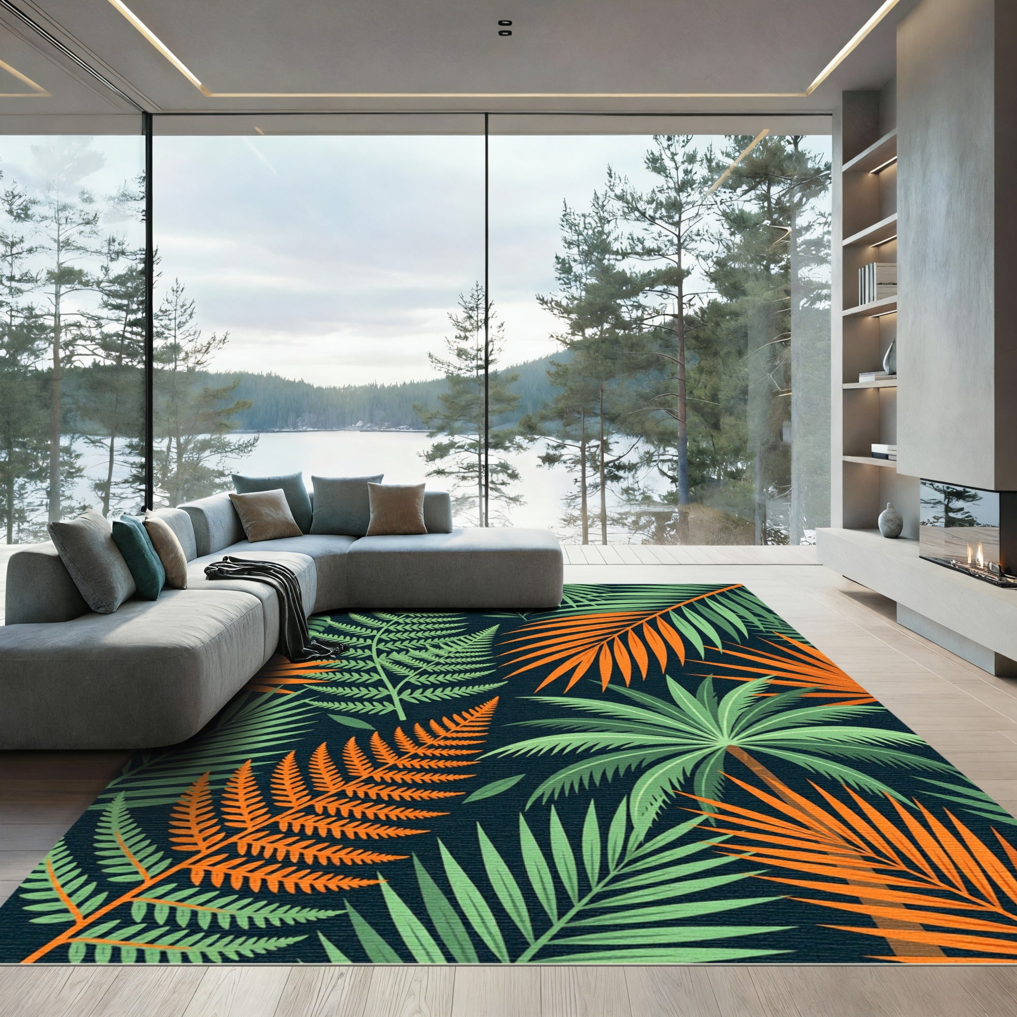 Lush Tropical Foliage with Orange Accents Rug