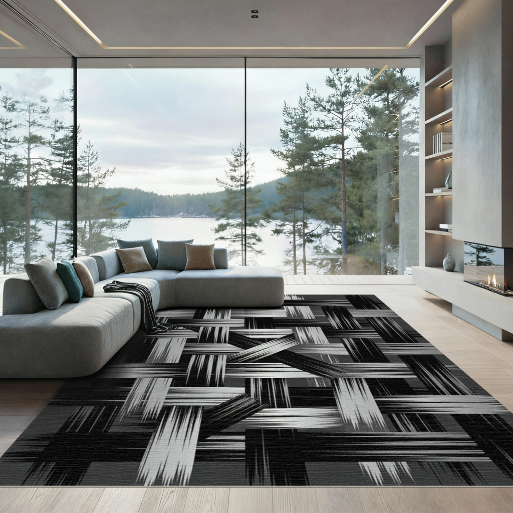 Monochrome Abstract Woven Interlocking Lines Rug