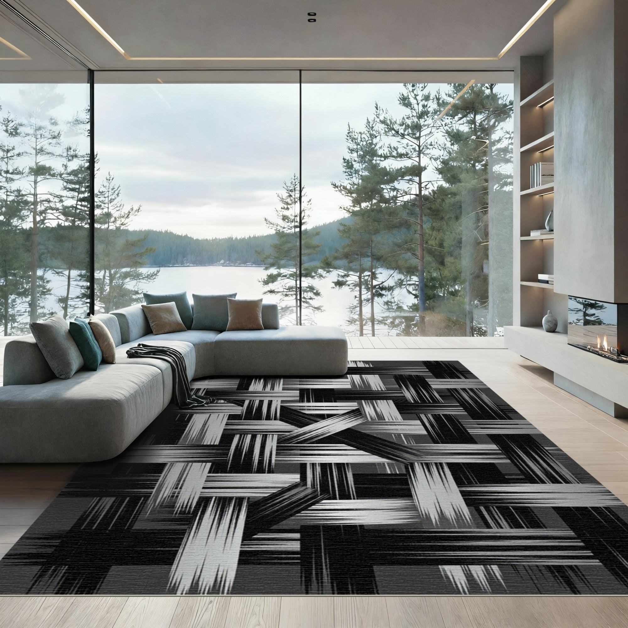 Monochrome Abstract Woven Interlocking Lines Rug