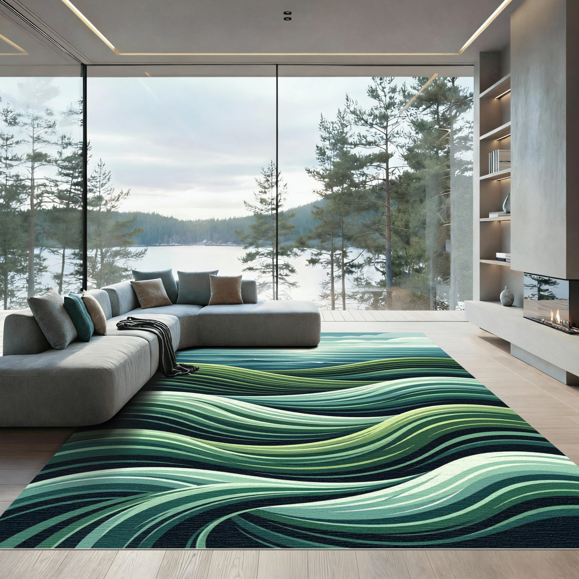 Modern Abstract Green Rolling Ocean Waves Rug