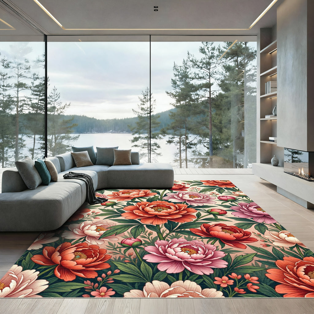 Vibrant Coral Pink Peony Garden Rug