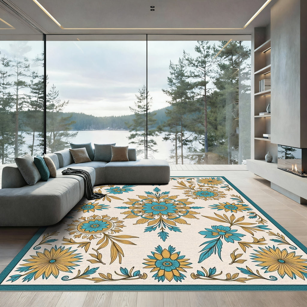Teal Gold Floral Laurel Arrangement Rug