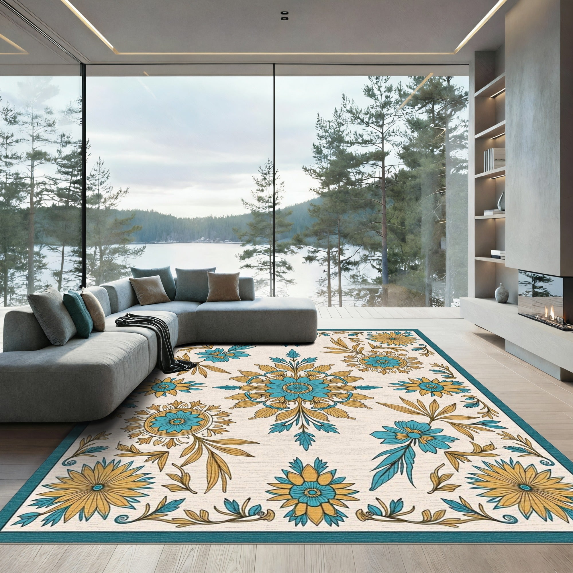 Teal Gold Floral Laurel Arrangement Rug
