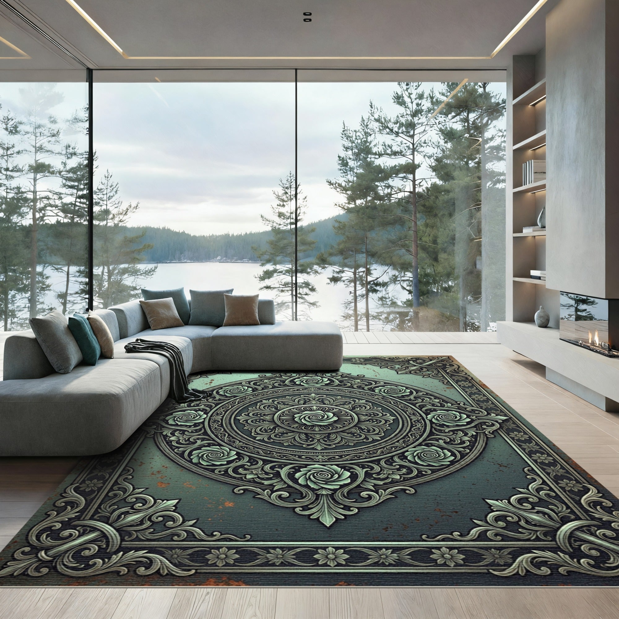 Ornate Sage Teal Floral Medallion Rug