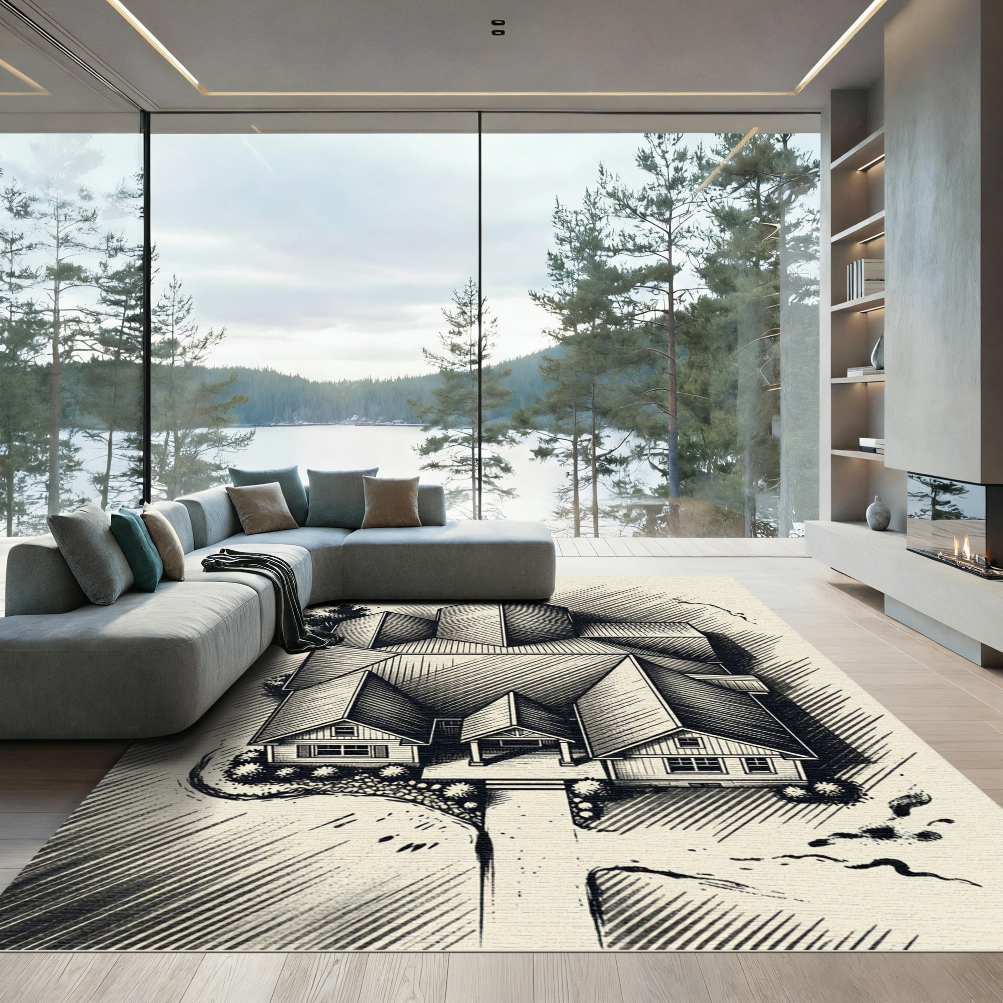 Architectural Sketch Contemporary Home Perspective Rug