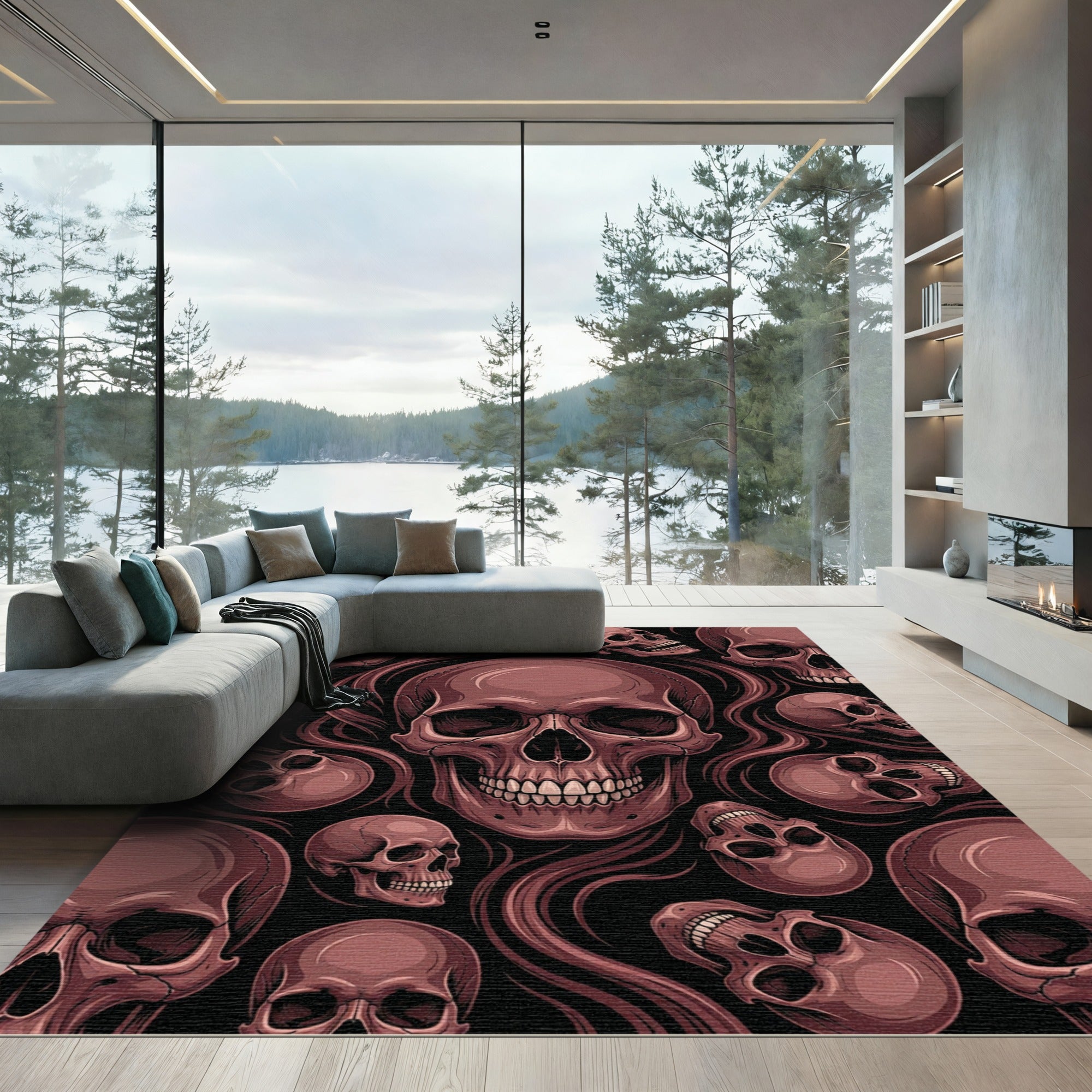 Eerie Crimson Skull Wave Art Rug