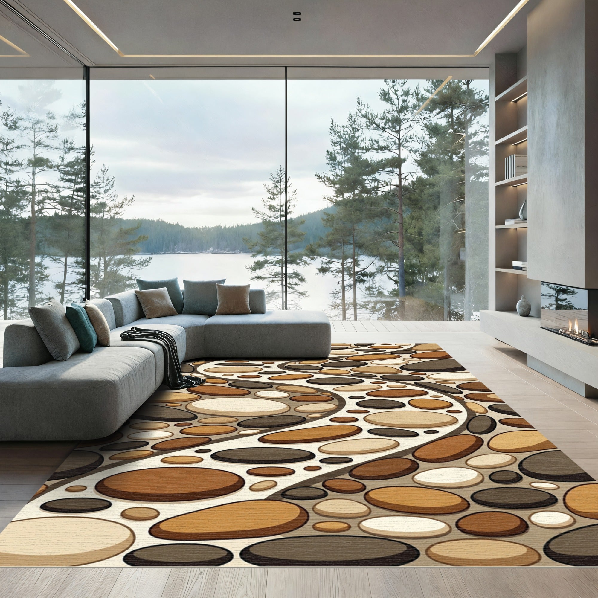 Contemporary Earth Tone River Stone Path Rug