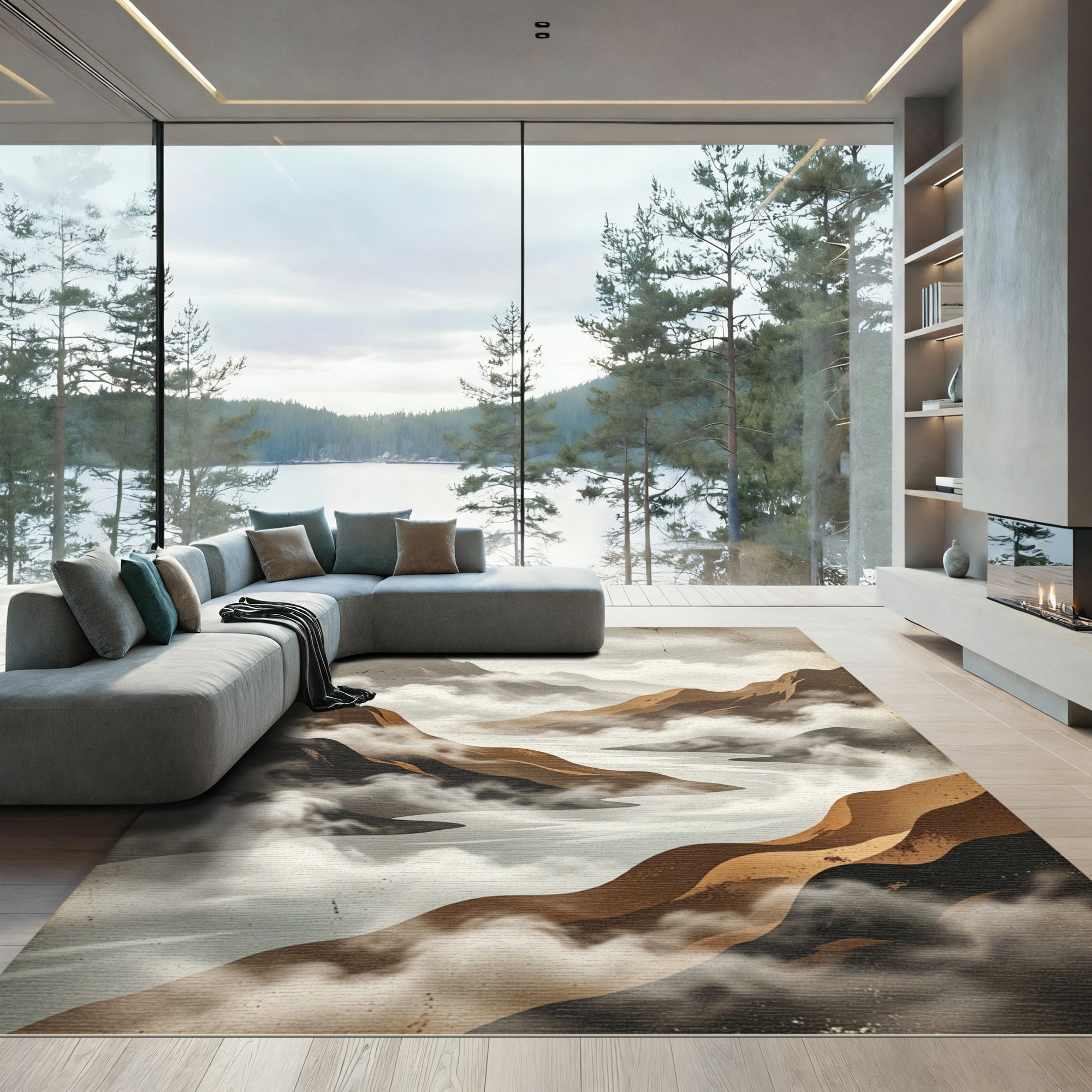 Serene Ethereal Mountain Fog Landscape Rug