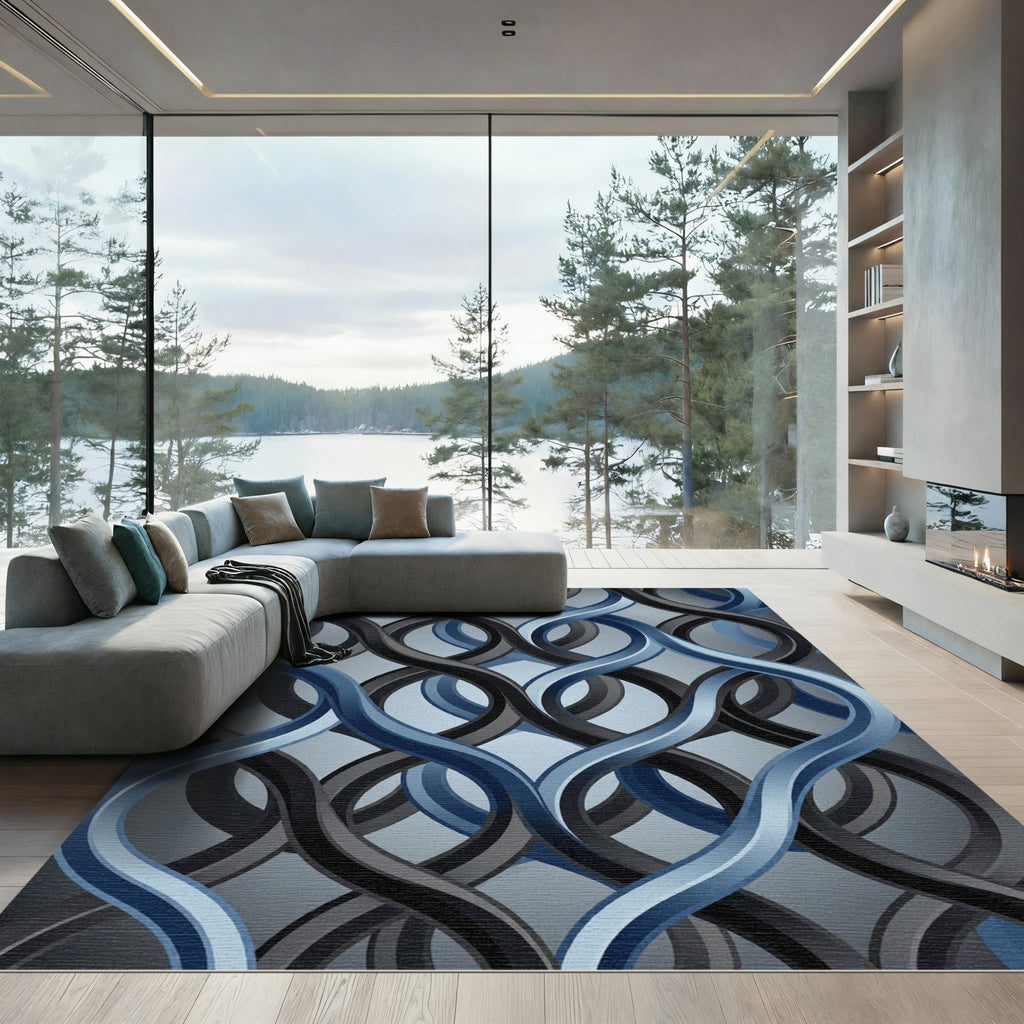 Modern Charcoal and Blue Interlocking Wave Rug