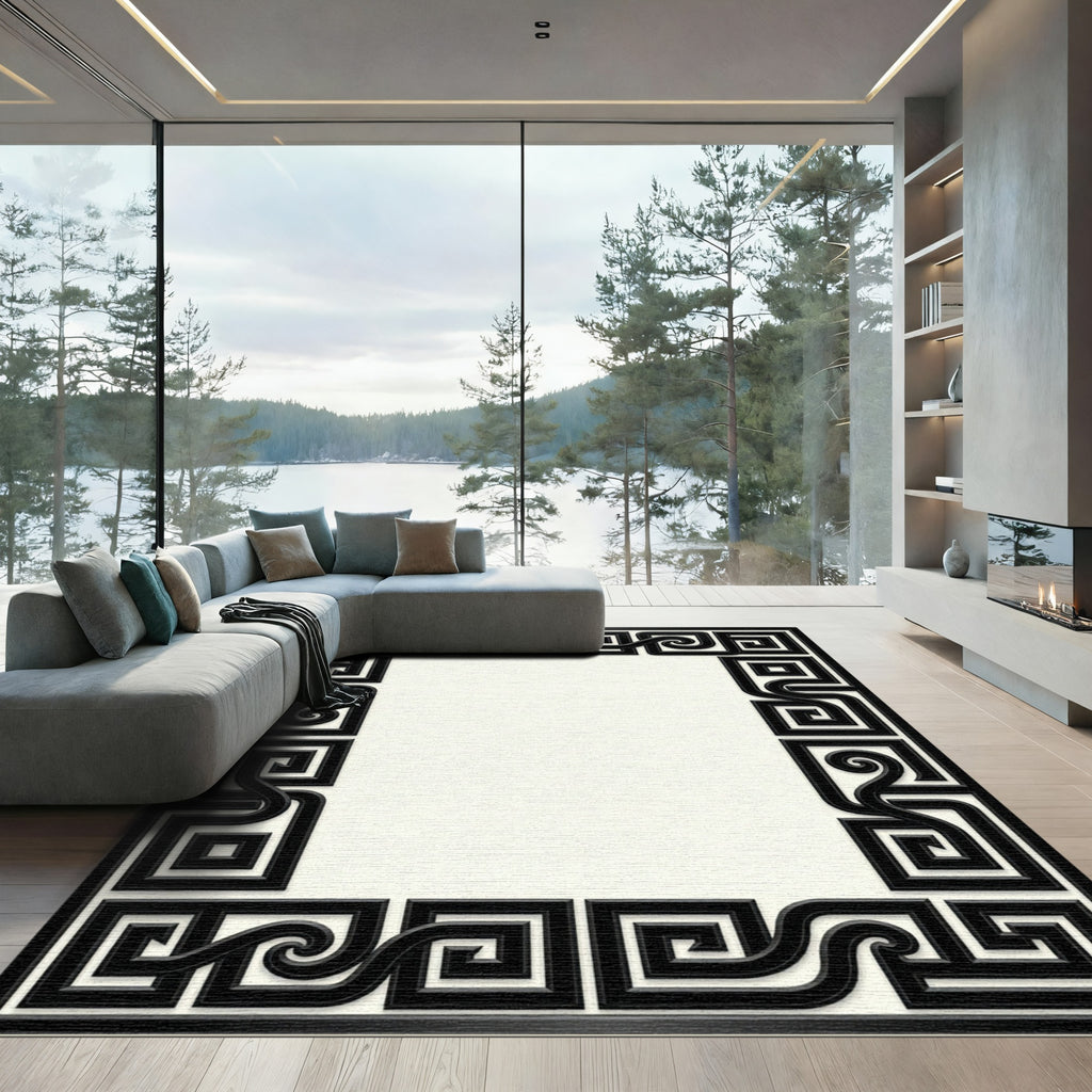 Black Greek Key Scroll Border Rug