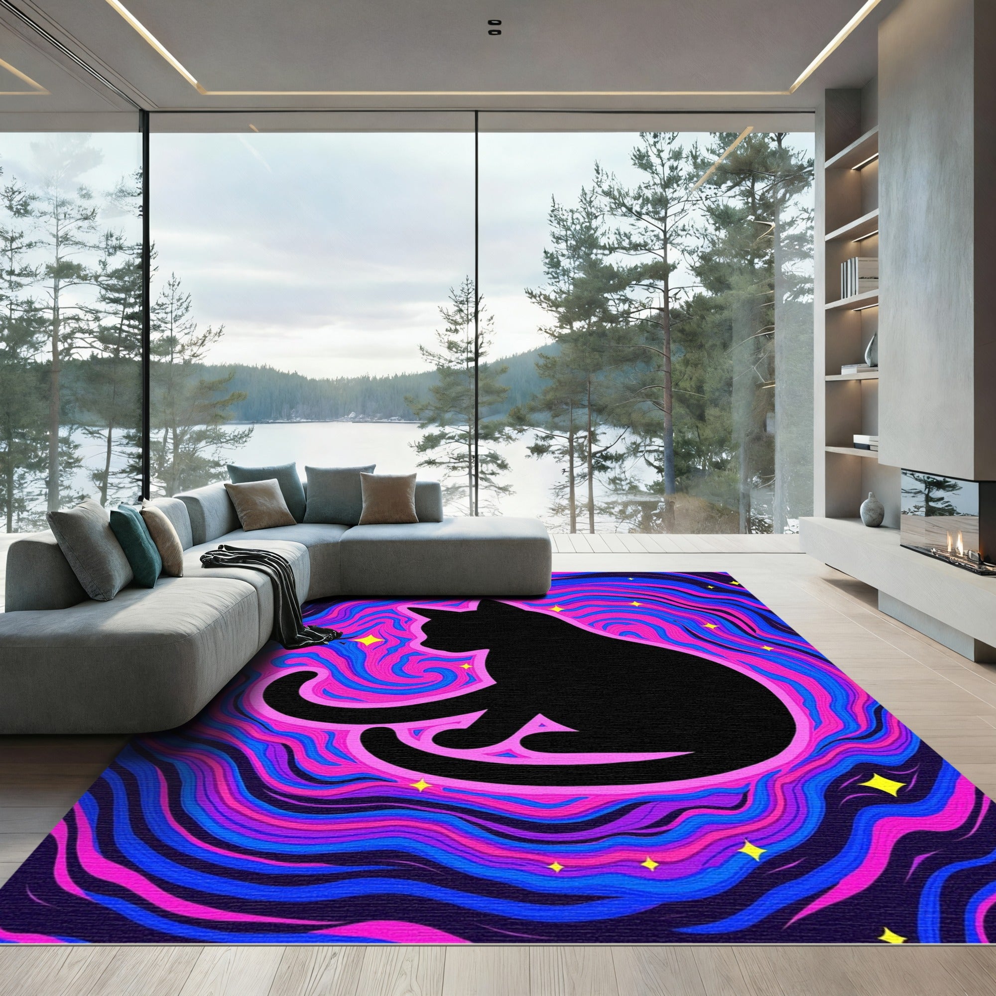 Cosmic Black Cat Swirl Stars Rug