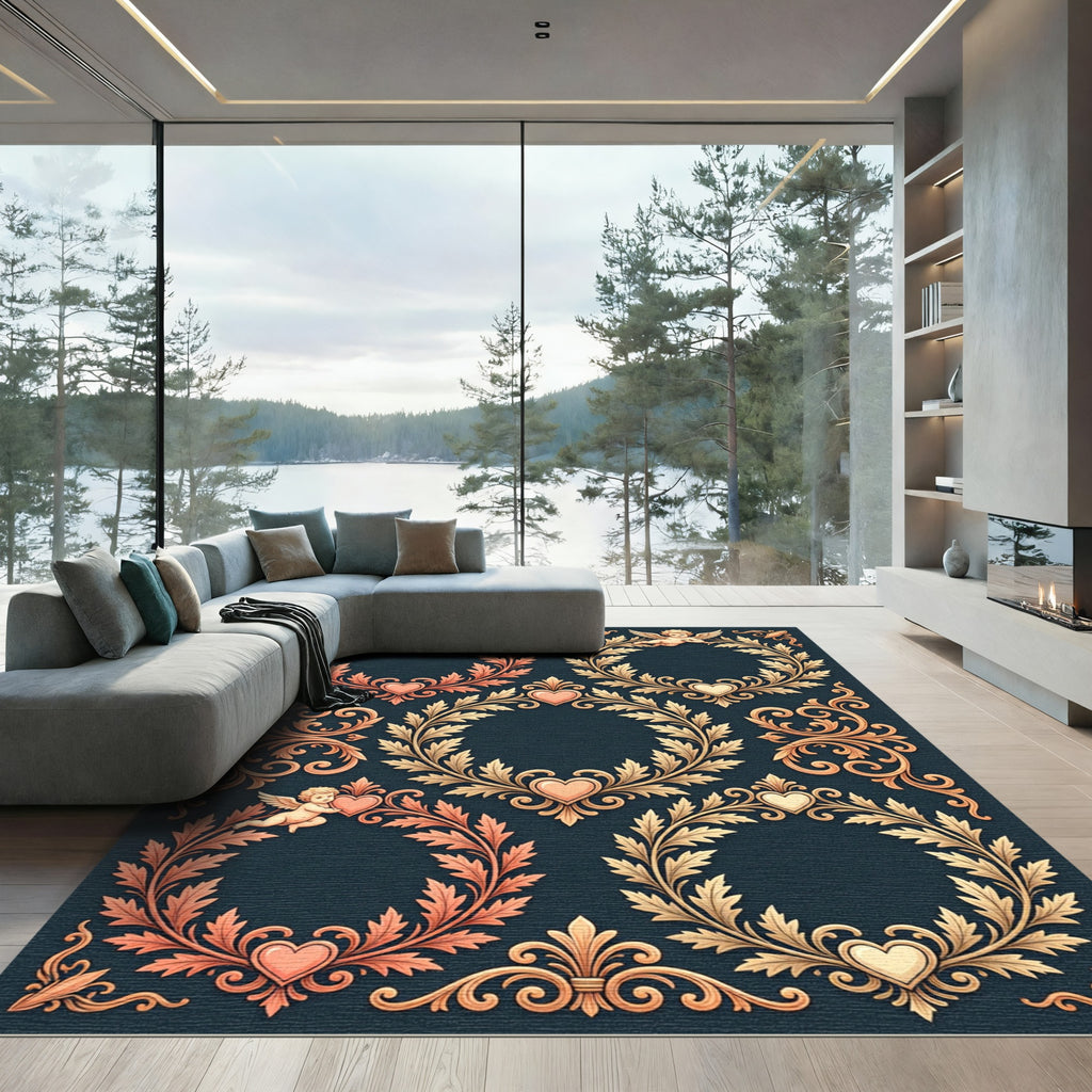 Cherubic Heart Floral Laurel Wreath Ornament Rug