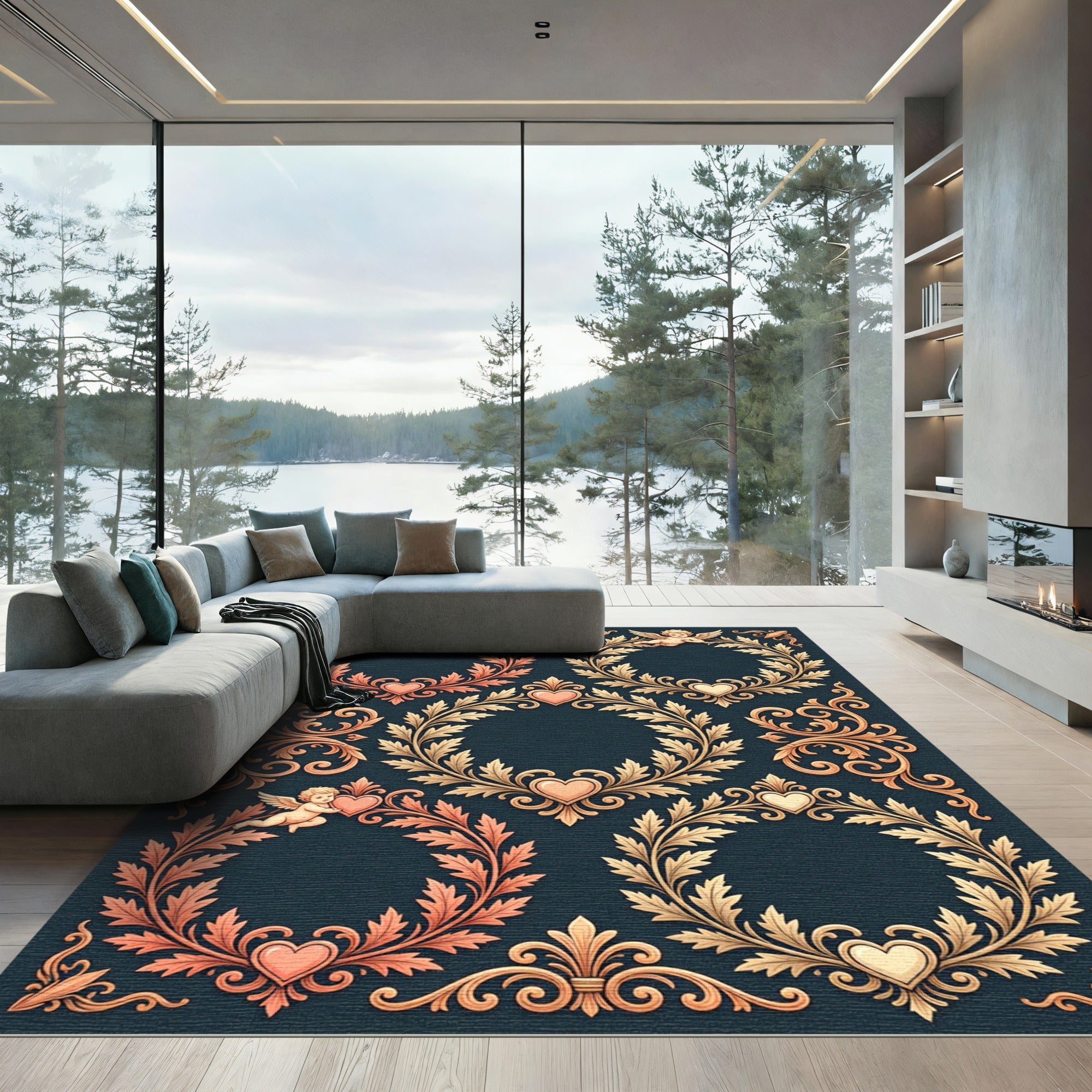 Cherubic Heart Floral Laurel Wreath Ornament Rug