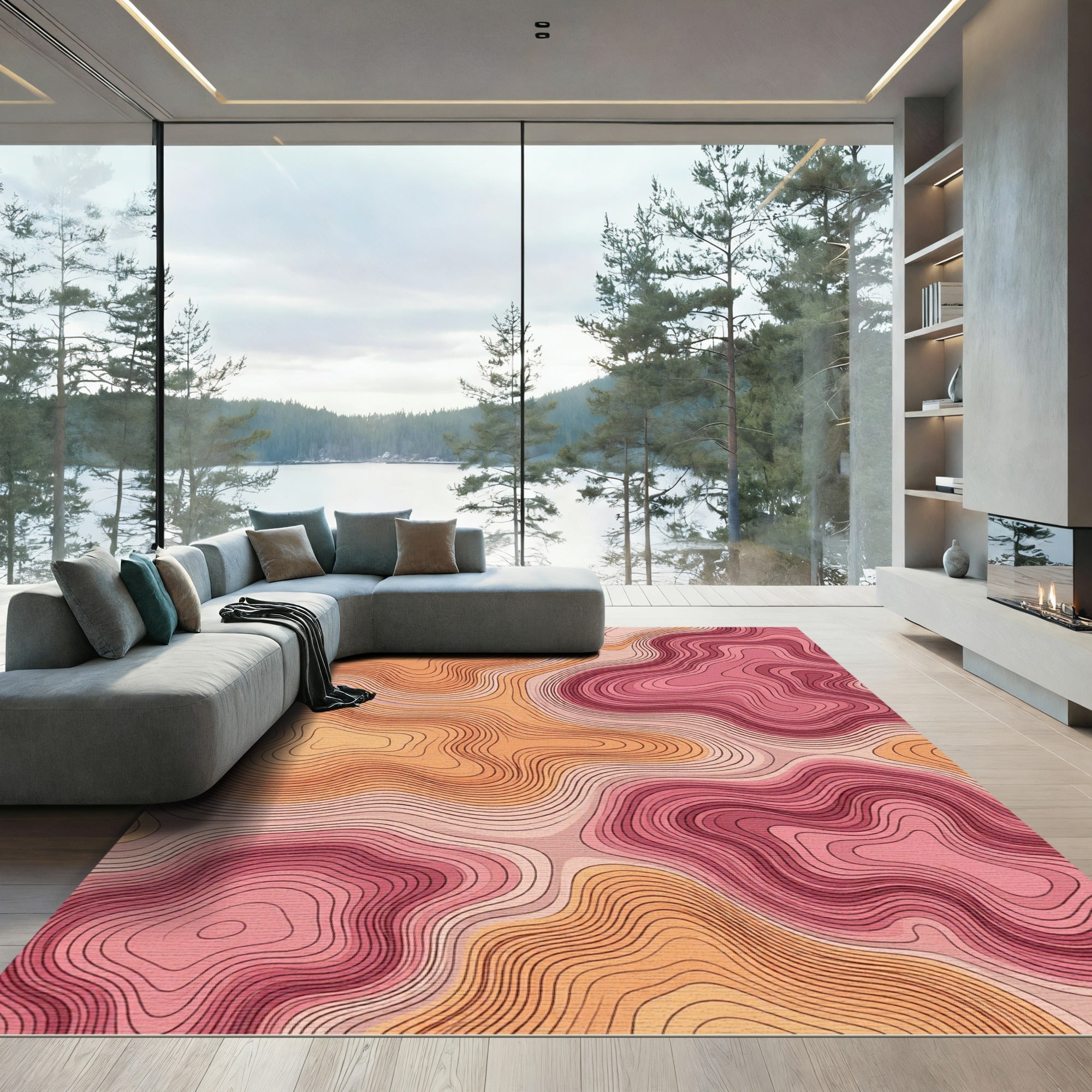 Coral Pink Topographic Contour Rug