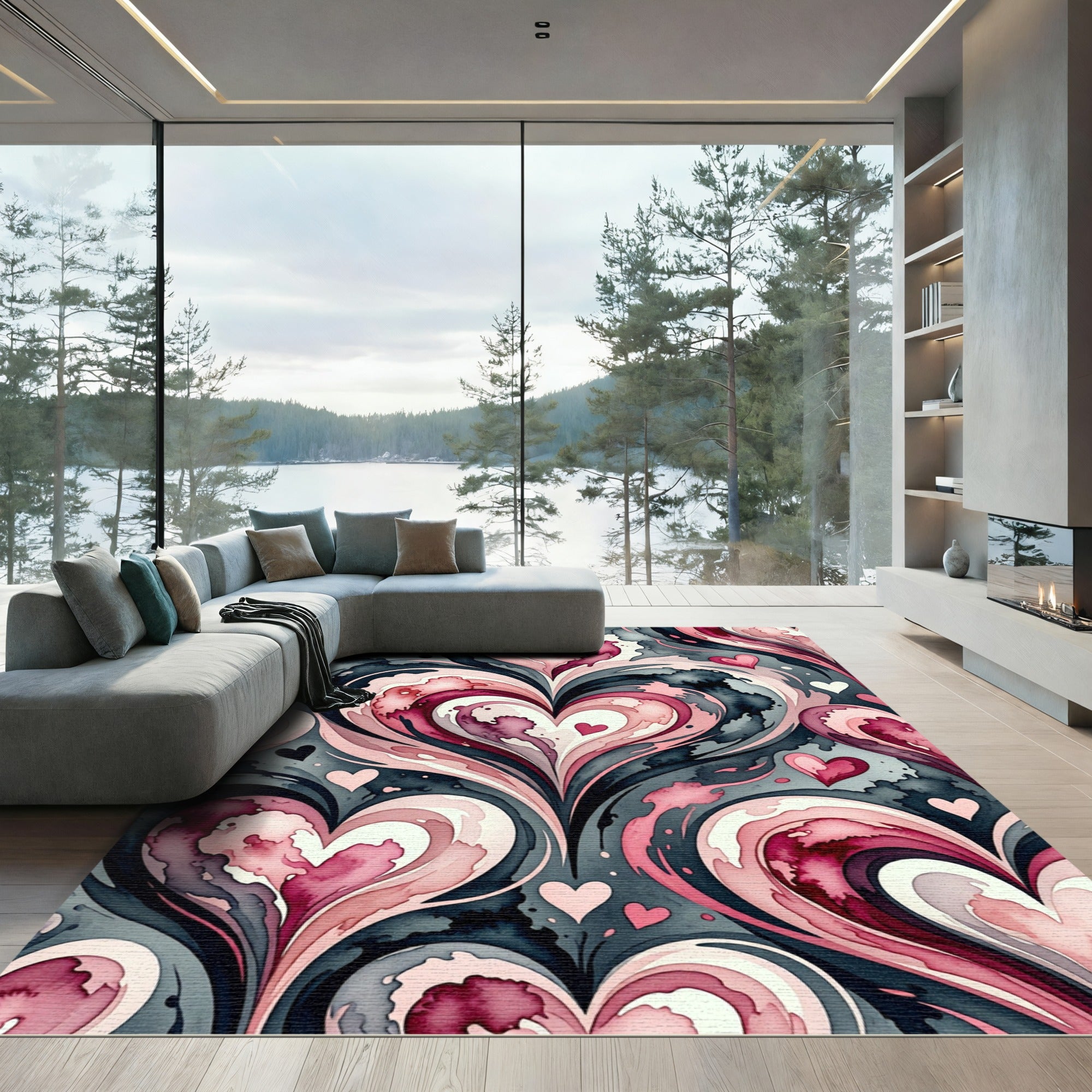 Pink Watercolor Heart Swirls Rug