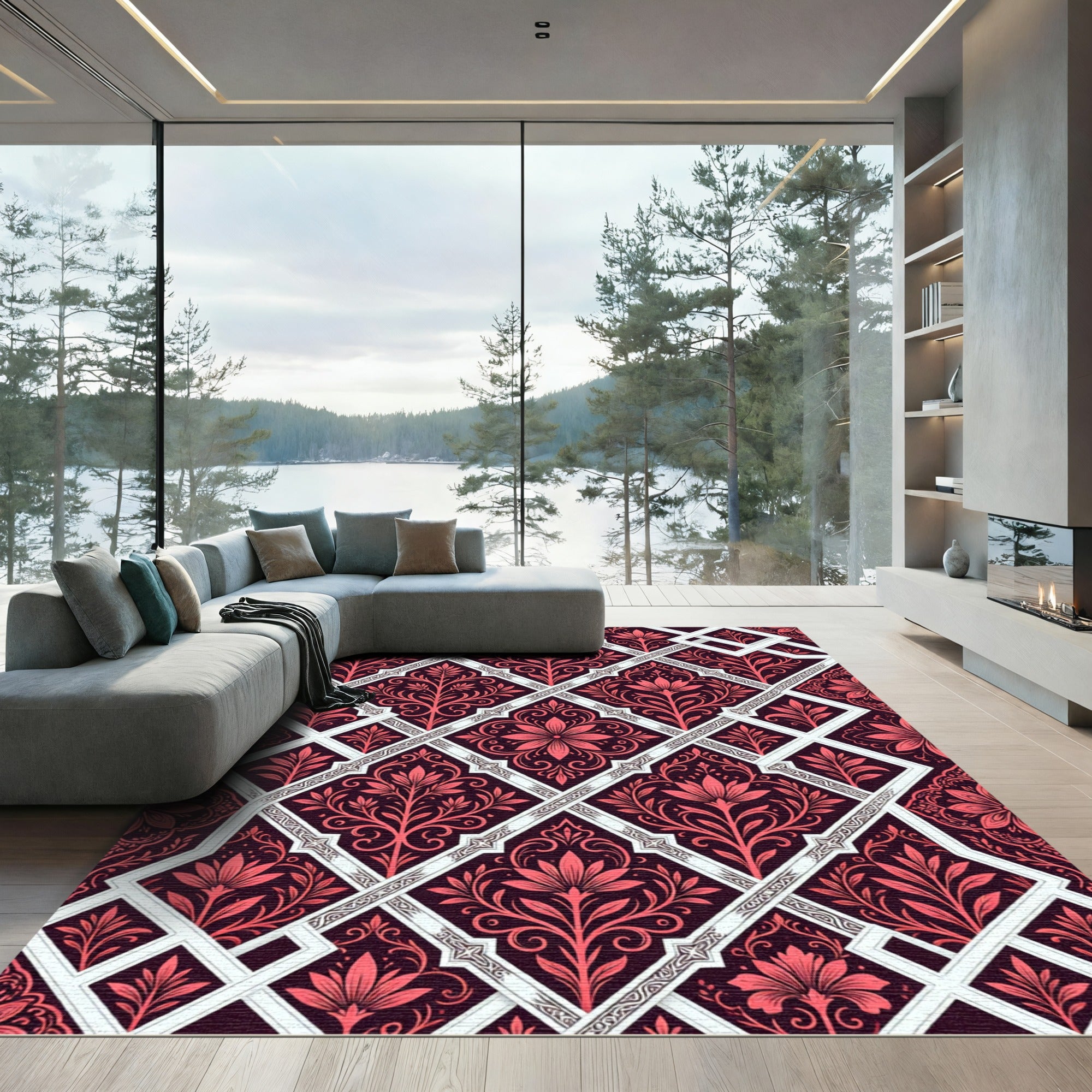 Crimson Floral Geometric Damask Lattice Rug