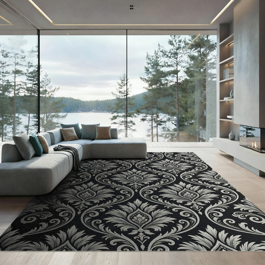 Elegant Silver Damask Charcoal Monochrome Rug