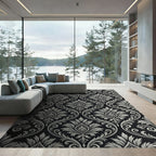 Elegant Silver Damask Charcoal Monochrome Rug